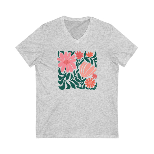 Minimalist floral graphic design with modern botanical illustrations printed on an pale gray heather colored premium vneck tshirt.