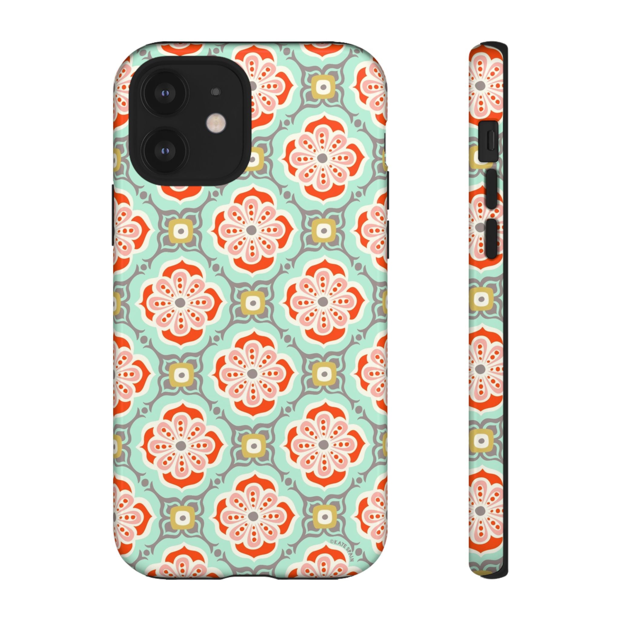 Alhambra Tough iPhone 12 Case – Glossy | aqua, coral, blush geometric medallion floral print