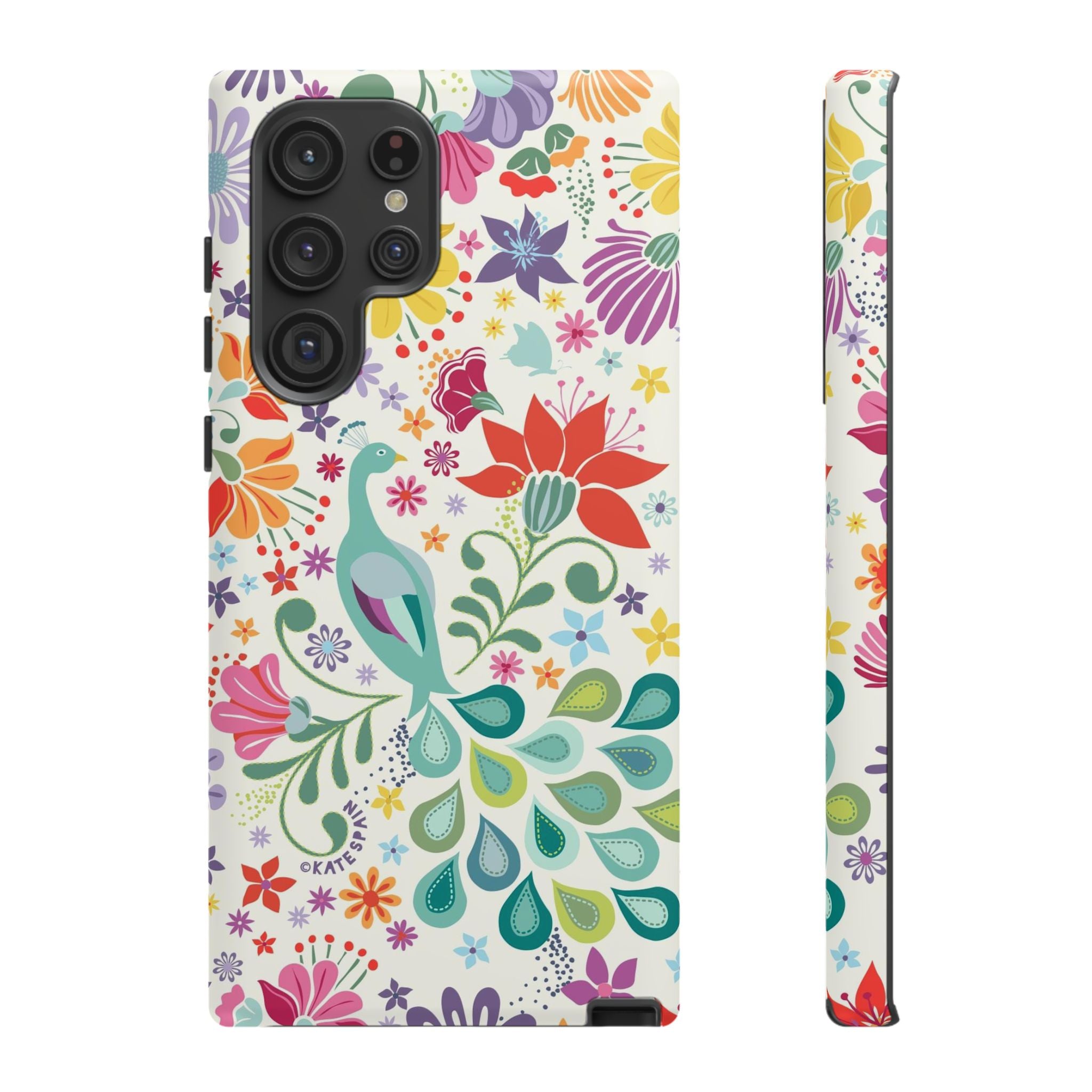 Luxury Peacock Sanctuary Samsung Galaxy S22 Ultra Case – Matte | white, teal, coral multicolor vibrant peacock feather botanical print