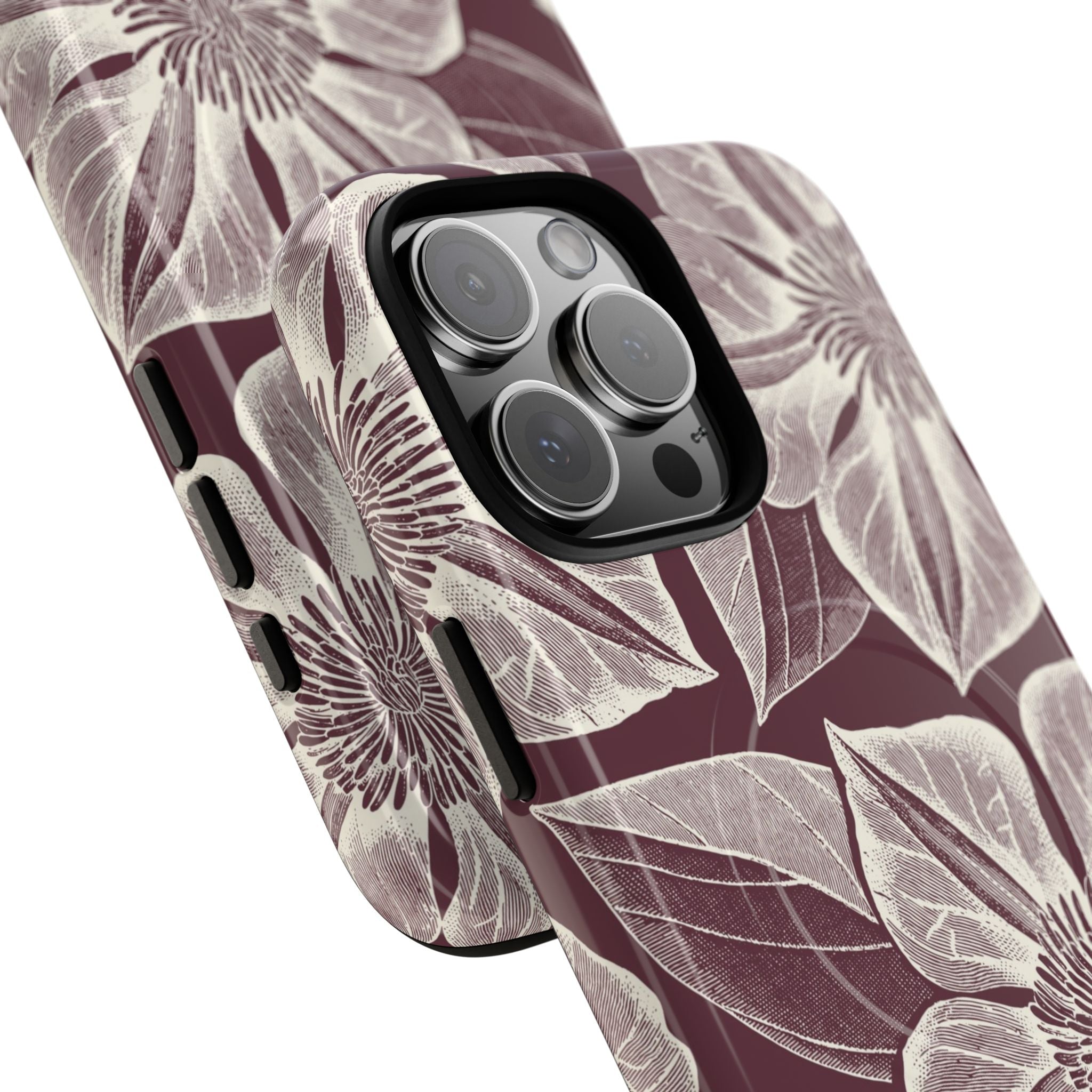 Vintage Bloom Burgundy MagSafe iPhone 16 Pro Max Case – Glossy | burgundy ground, large-scale cream clematis print, engraved petal detail | side angled view closeup of camera cutout and buttons