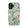 Juniper MagSafe iPhone 17 Case – Glossy | cream, forest green, sage, and rust winter botanical print with pine, holly, acorns, and pinecones
