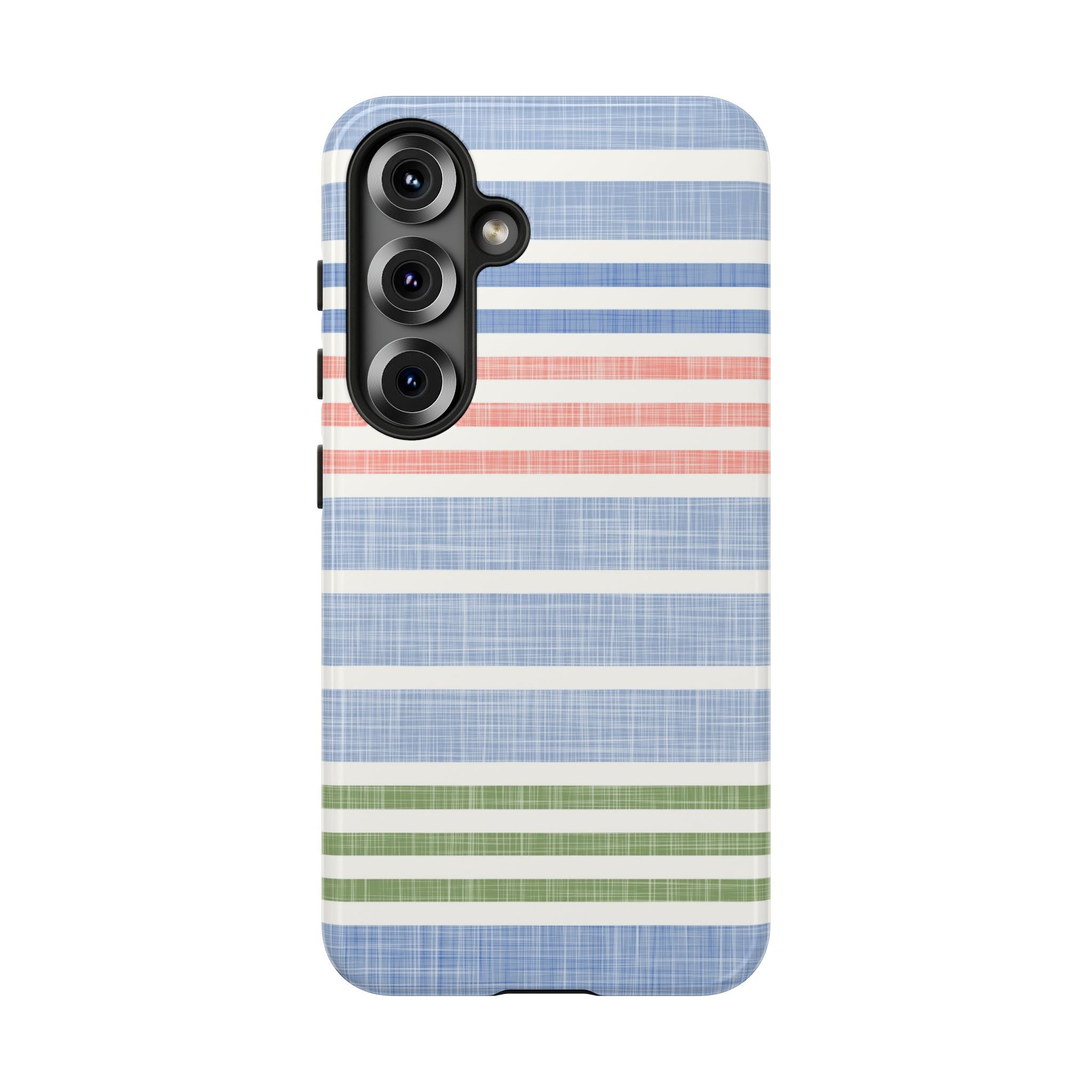 Cabana Stripe Pastel Samsung Galaxy S25 Case – Glossy | soft blue, coral, sage green chambray-textured stripe print dual-layer protection