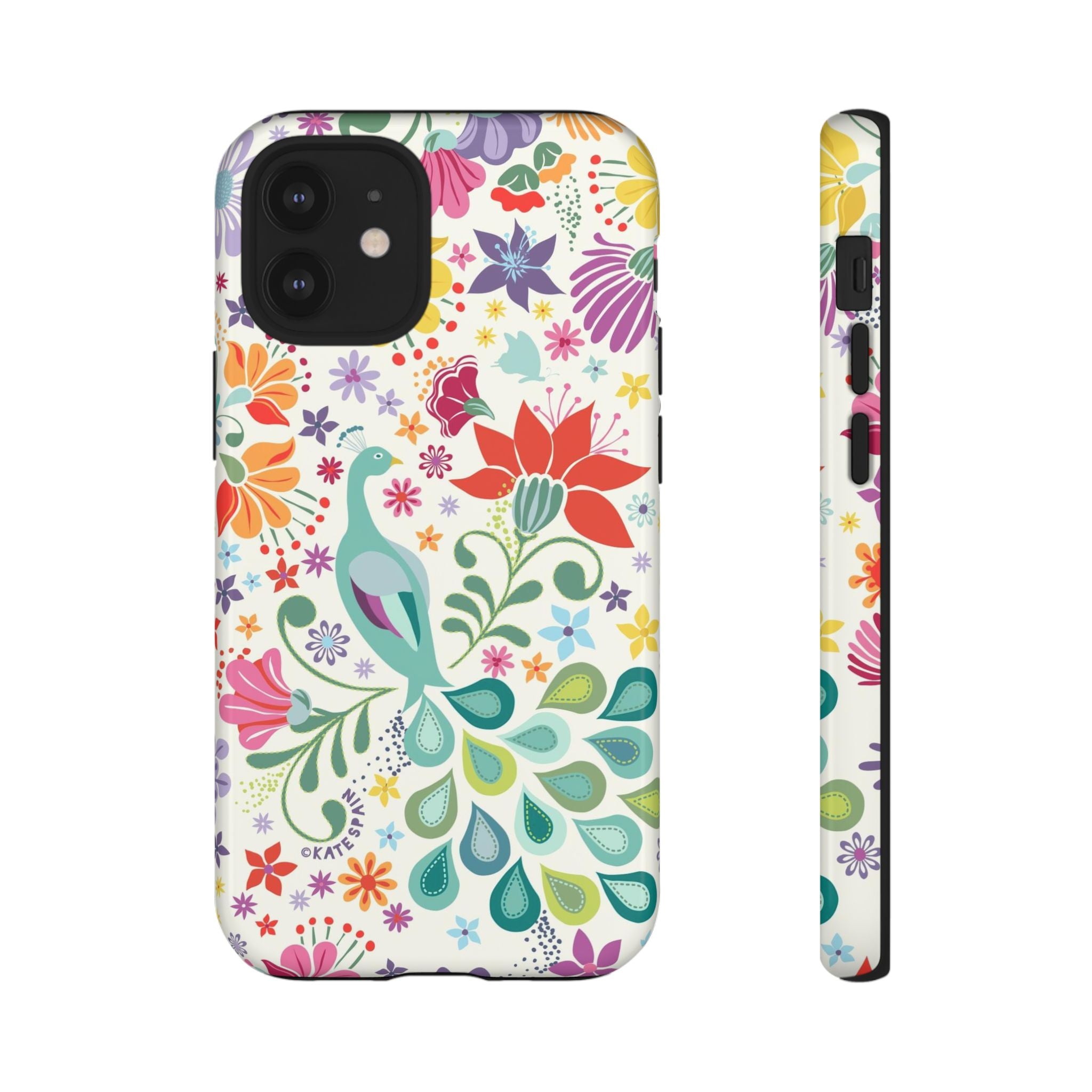 Peacock Sanctuary Tough iPhone 12 Mini Case – Glossy | white, teal, coral multicolor vibrant peacock feather botanical print