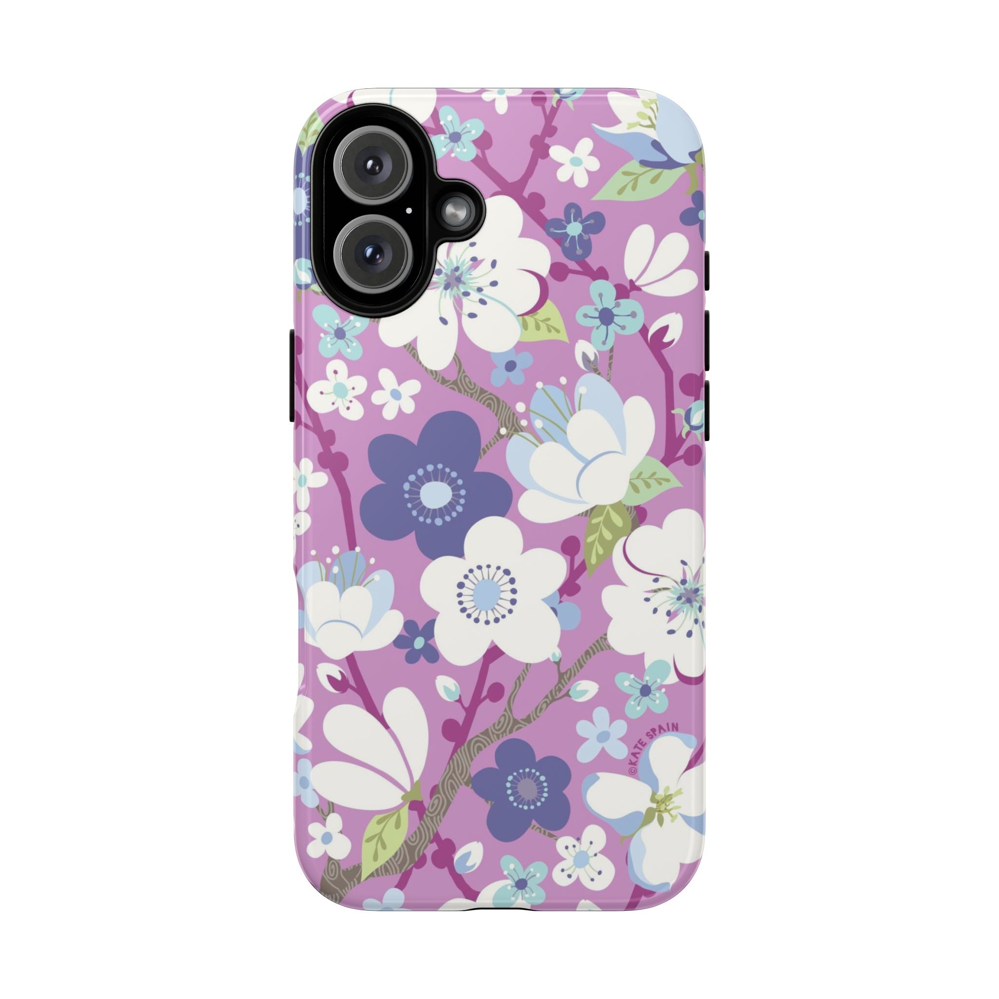 Luxury Cherry Blossom Tough iPhone 16 Plus Case – Matte | mauve, purple, blue, white cherry blossom print