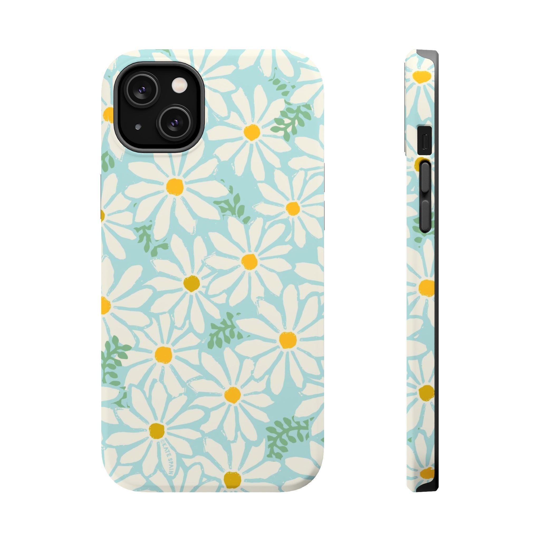 Daisies MagSafe iPhone 14 Plus Case – Matte | white, yellow, aqua watercolor daisy print