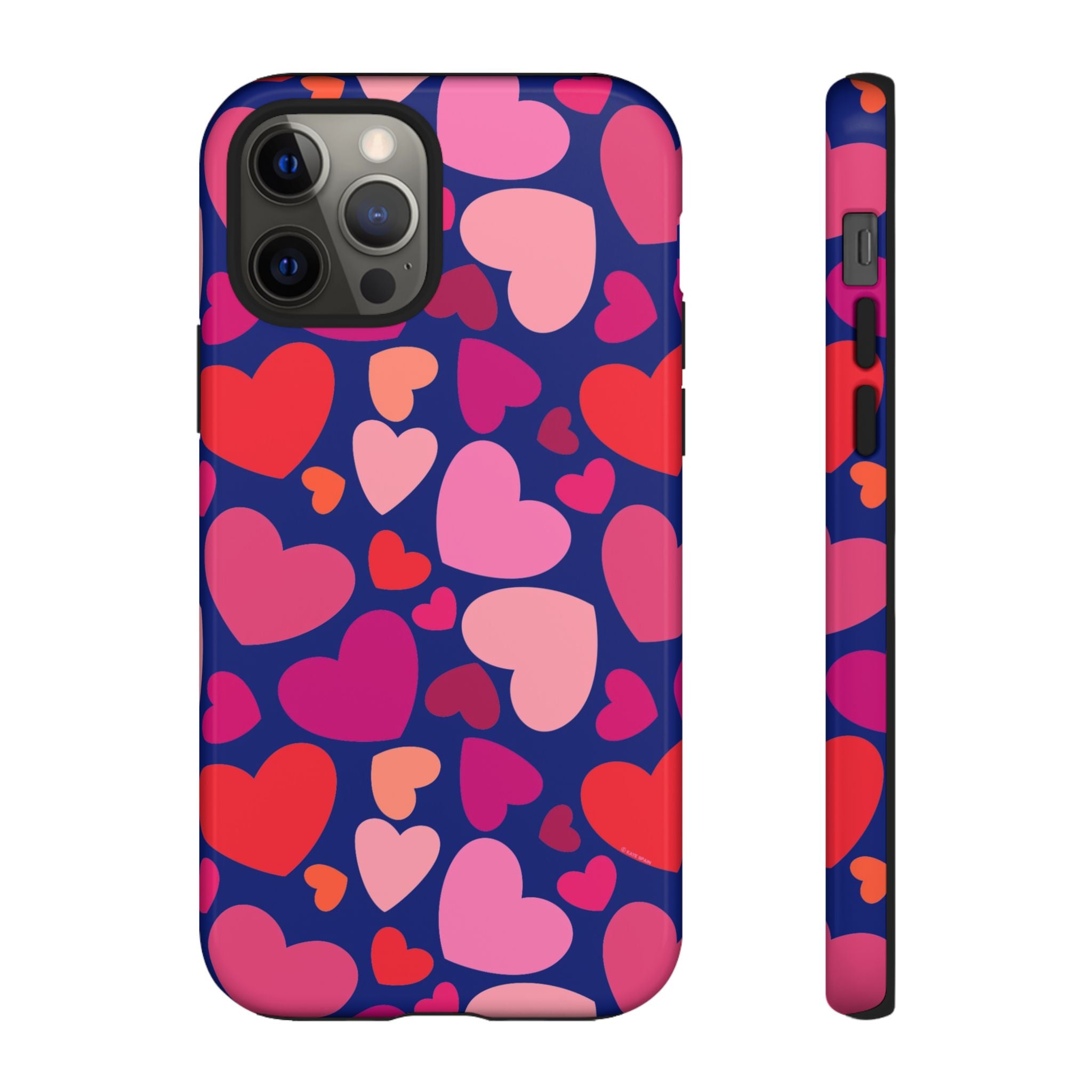 Hearts Tough iPhone 12 Pro Case – Glossy | navy, pink, red, coral scattered heart print