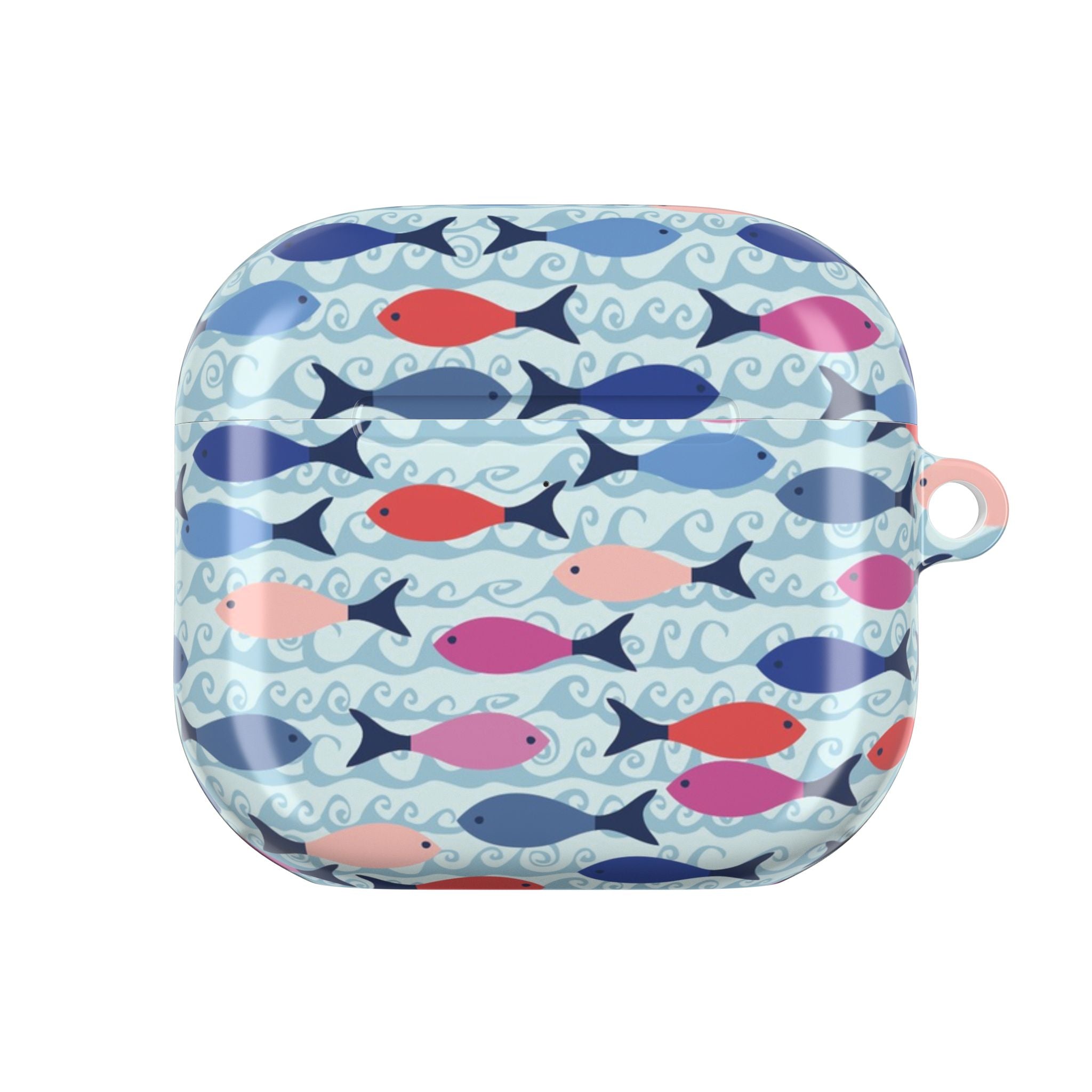 Minnows AirPods Gen 4 Case – Glossy | light blue, navy and multicolor fish print, wave pattern | polycarbonate shell with carabiner