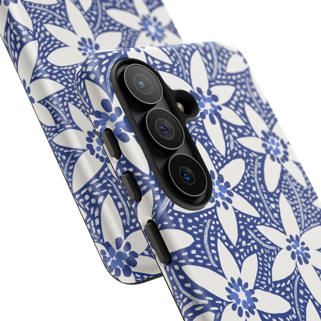 Starflower Samsung Galaxy S26 Case – matte finish - close-up of 3-lens camera cut out and buttons on side of case in navy and white geometric flower print