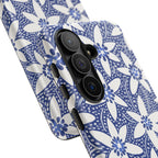 Starflower Samsung Galaxy S26 Case – matte finish - close-up of 3-lens camera cut out and buttons on side of case in navy and white geometric flower print