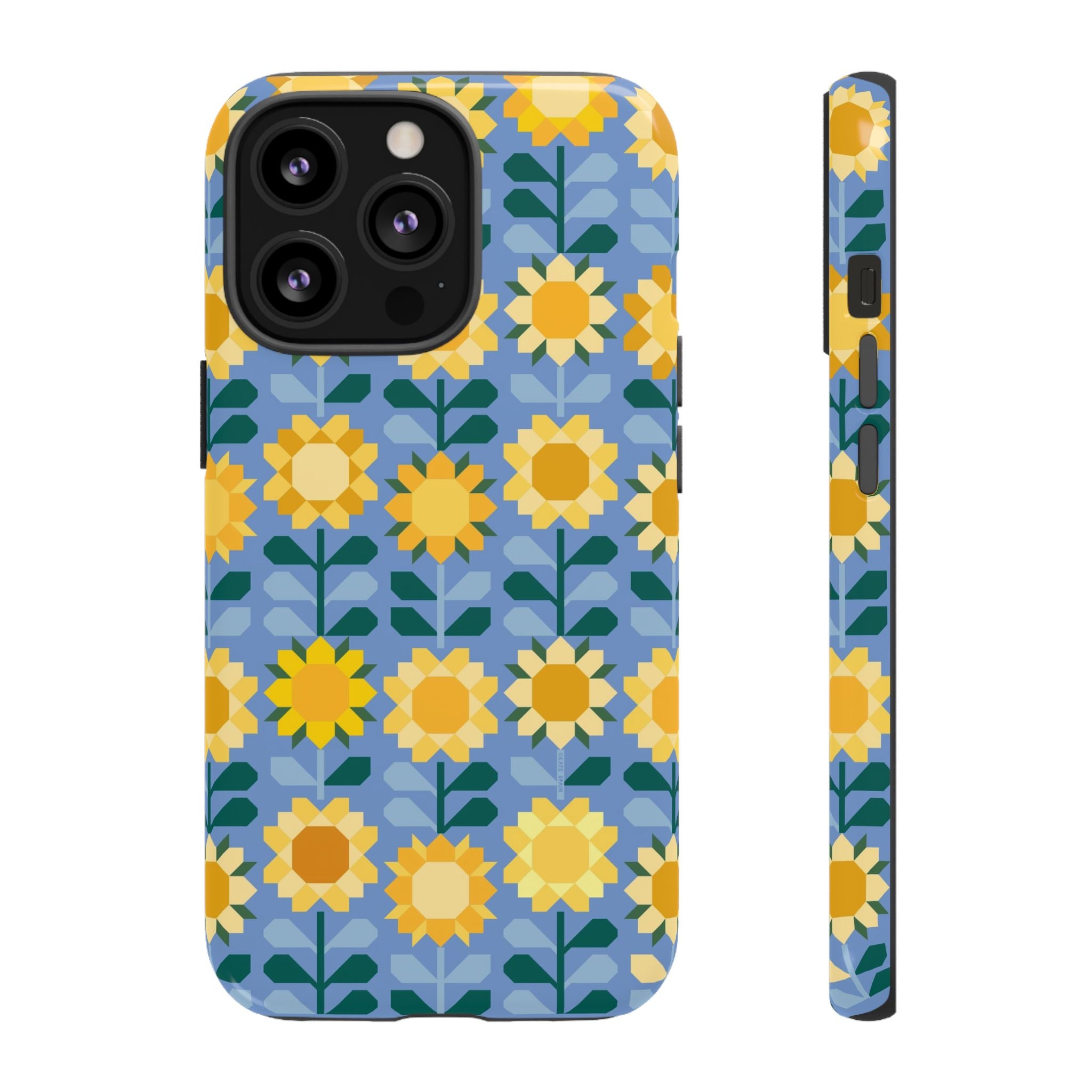 Sunflowers Tough iPhone 13 Pro Case – Glossy | blue, yellow, gold geometric sunflower print
