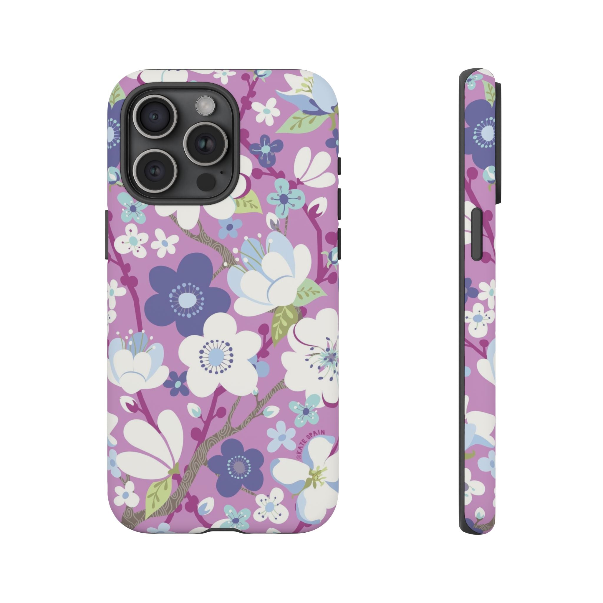 Luxury Cherry Blossom Tough iPhone 15 Pro Max Case – Matte | mauve, purple, blue, white cherry blossom print