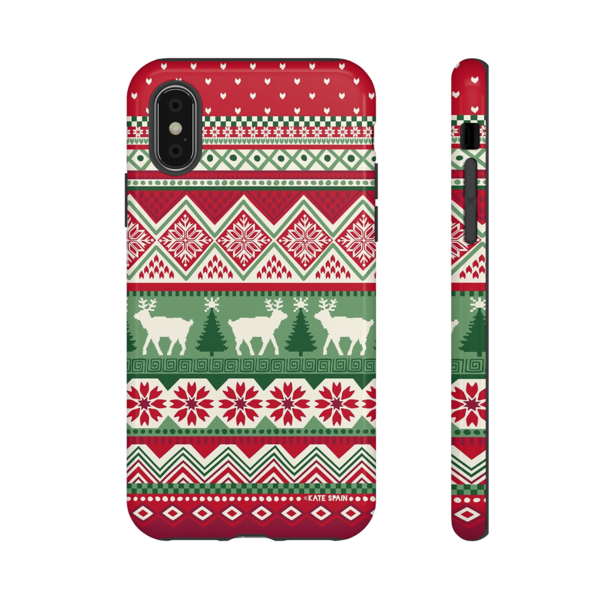 Telemark Tough iPhone XS Case – Glossy | red, green, cream fair isle reindeer Nordic print