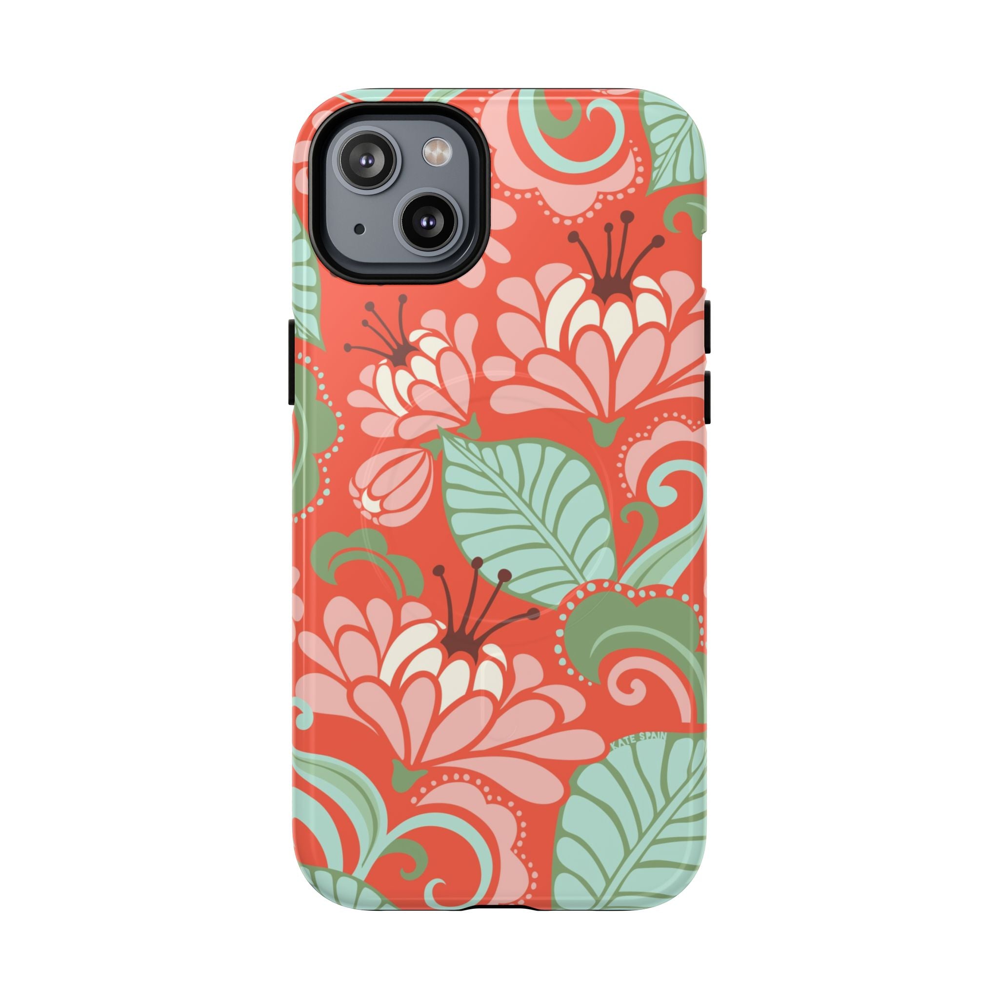 Sarabande MagSafe iPhone 14 Plus Case – Glossy | coral, pink, cream, green botanical floral print