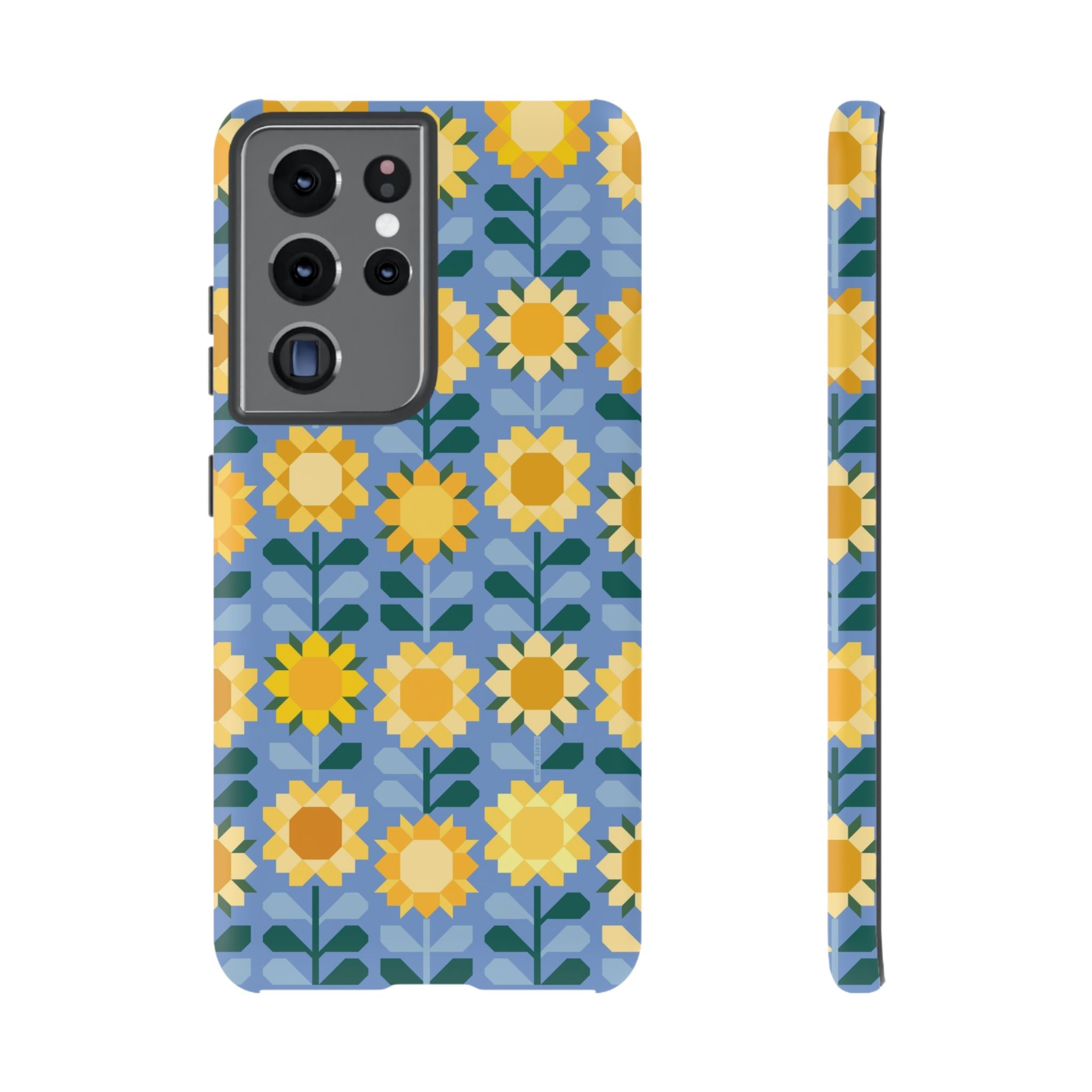 Luxury Sunflowers Samsung Galaxy S21 Ultra Case – Matte | blue, yellow, gold geometric sunflower print 