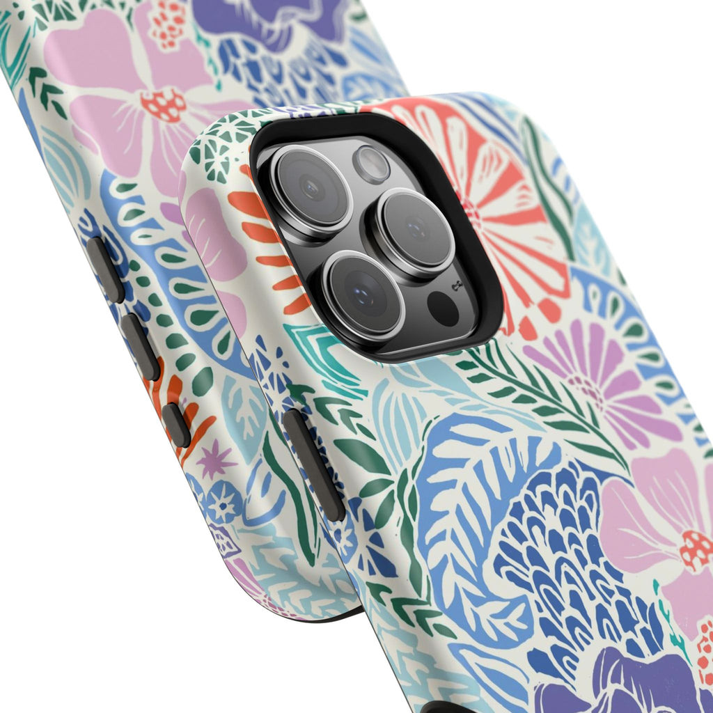 Tropica MagSafe iPhone 16 Pro Max Case – Glossy angled view closeup of camera cutout and buttons | purple, coral, pink, blue botanical tropical floral print MagSafe compatible, dual-layer protection