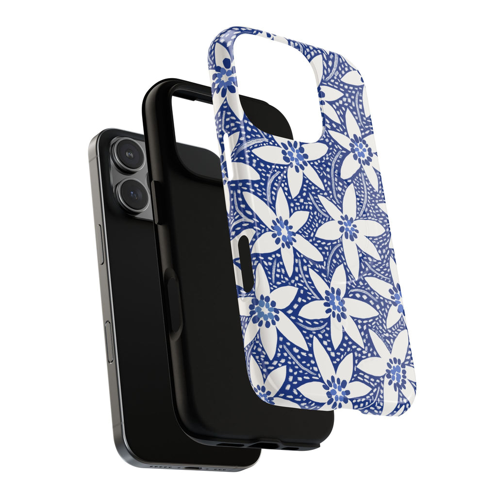 Starflower MagSafe iPhone 16 Pro Case – blow-up of dual-layered construction of case | navy, white geometric starflower print