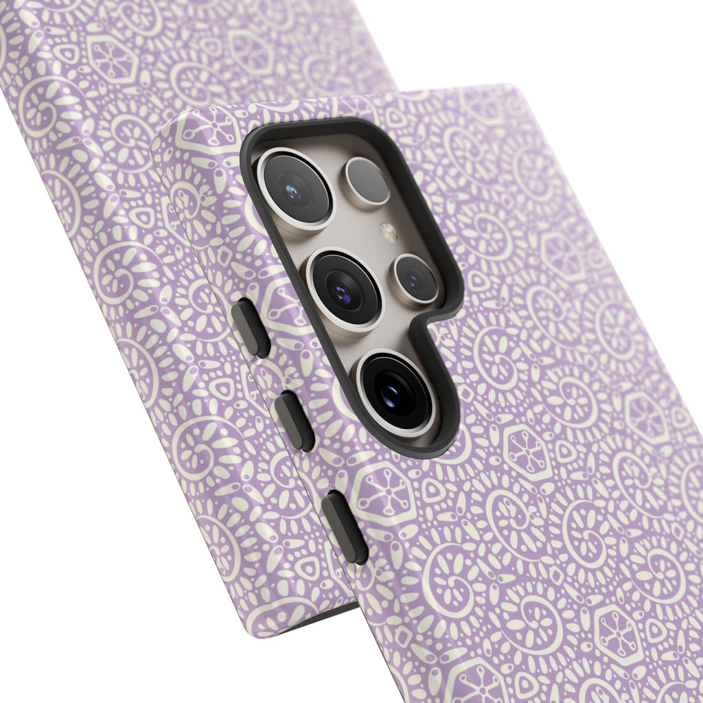 Canto Swirls Lavender Samsung Galaxy S24 Ultra Glossy Case — angled view showing slim profile; lavender folk-art medallion pattern