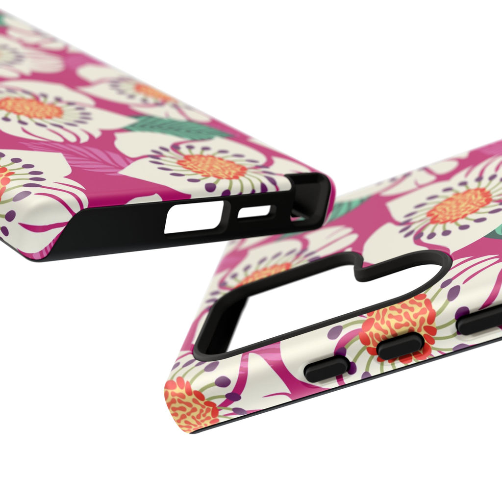 Artistic Panache Samsung Galaxy S24 Ultra Case – Glossy | close-up of sides, buttons, and ports in case in berry, cream white, peach anemone floral print