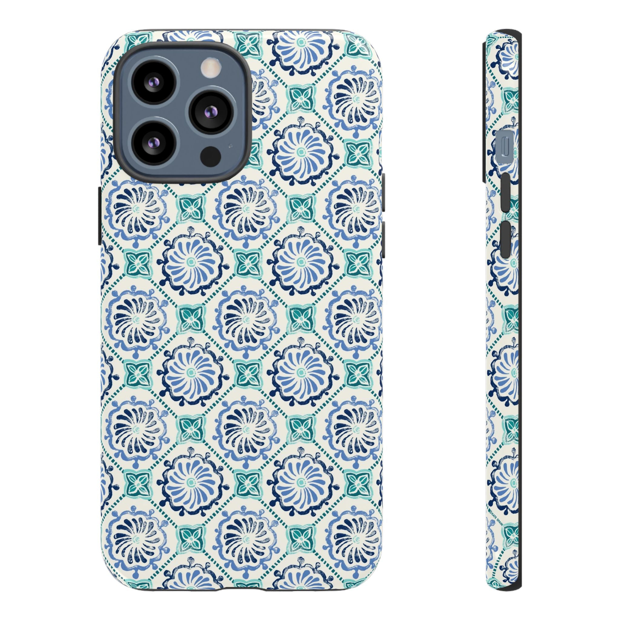 Horizon Blue Tile Tough iPhone 13 Pro Max Case – Glossy | blue, turquoise, cream white dual-layer protection