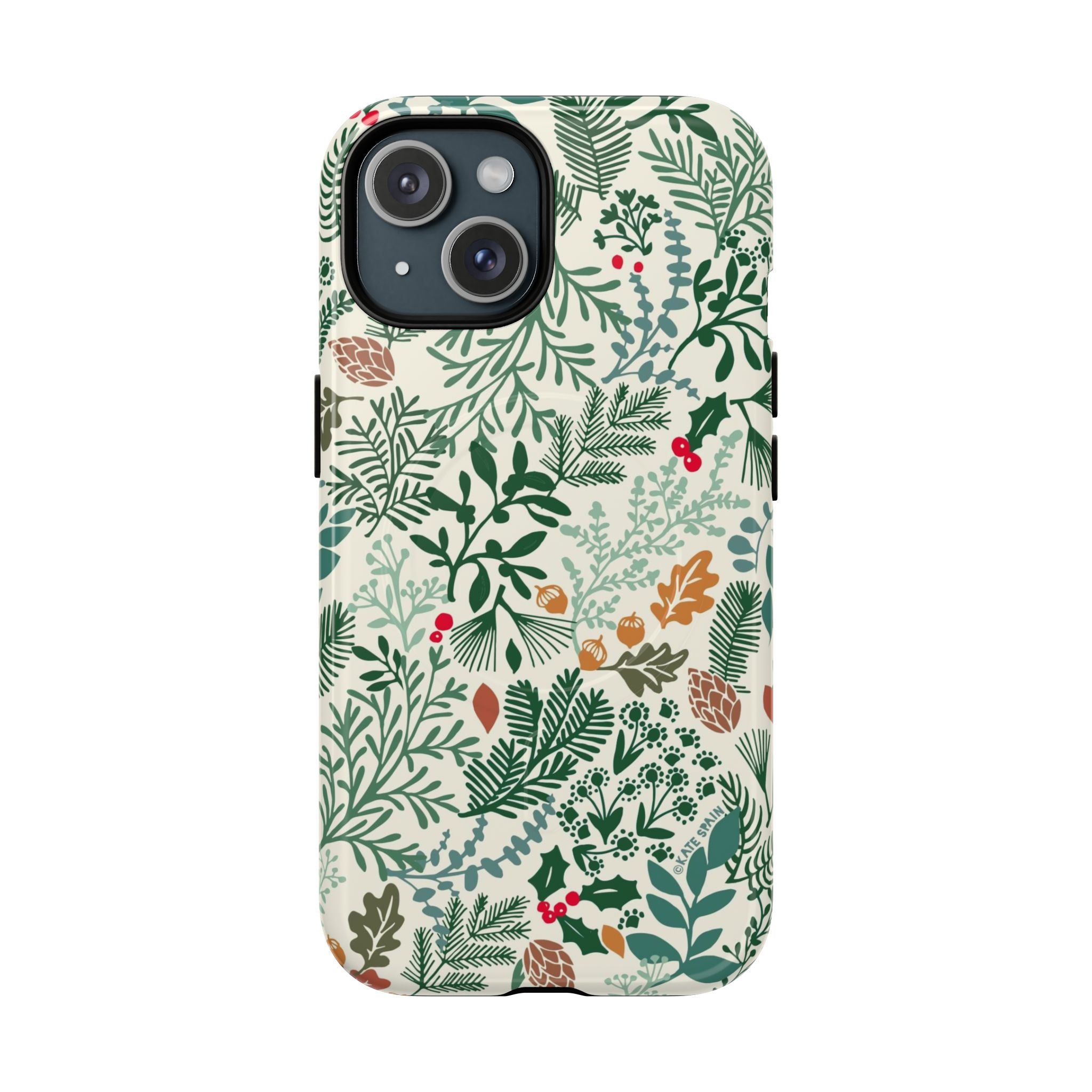 Juniper MagSafe iPhone 15 Case – Glossy | cream, forest green, sage, and rust winter botanical print with pine, holly, acorns, and pinecones