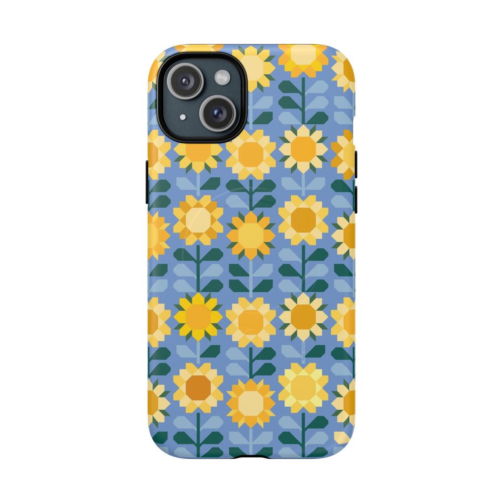 Sunflowers MagSafe iPhone 15 Plus Case – Matte | blue, yellow, gold geometric sunflower print
