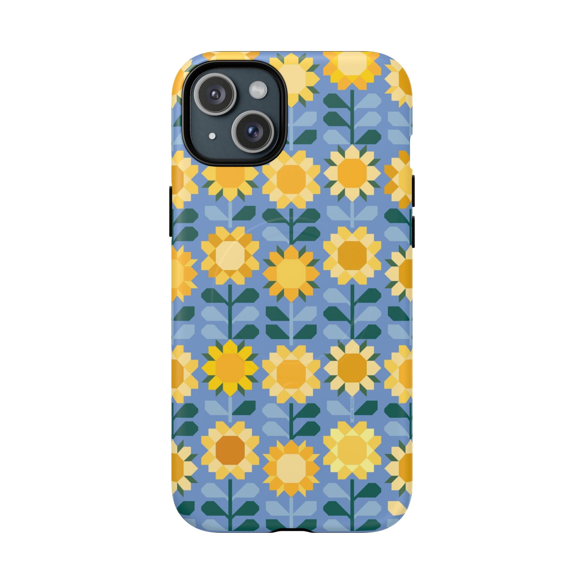 Sunflowers MagSafe iPhone 15 Plus Case – Matte | blue, yellow, gold geometric sunflower print