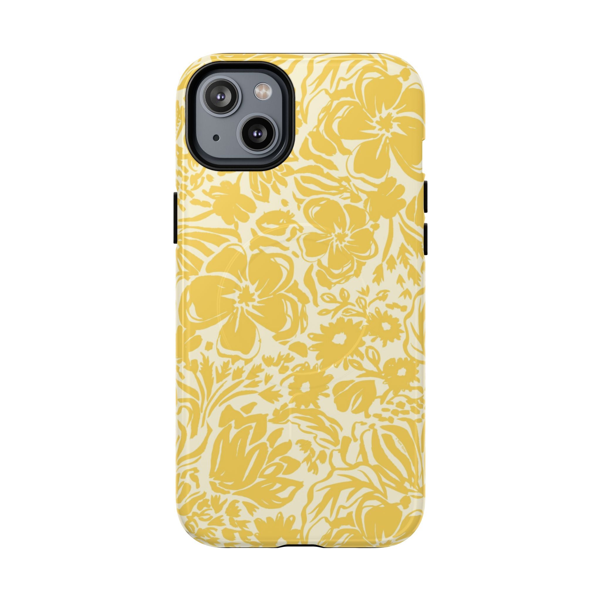 Rhapsody Yellow MagSafe iPhone 15 Plus Glossy case — bold golden yellow floral print on cream by Kate Spain