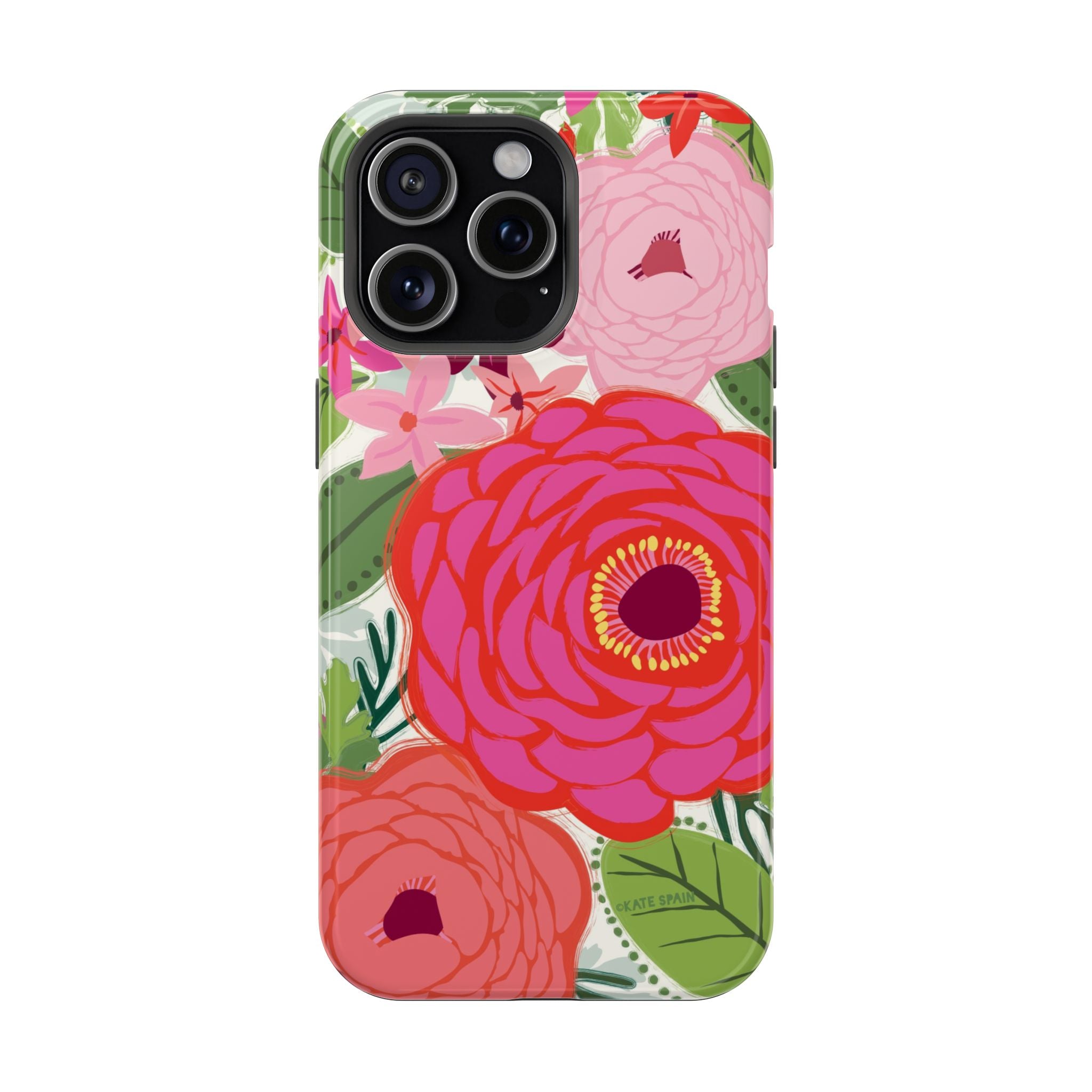 Bloomerie MagSafe iPhone 15 Pro Max Case – Glossy | cream, magenta, coral botanical peony floral print