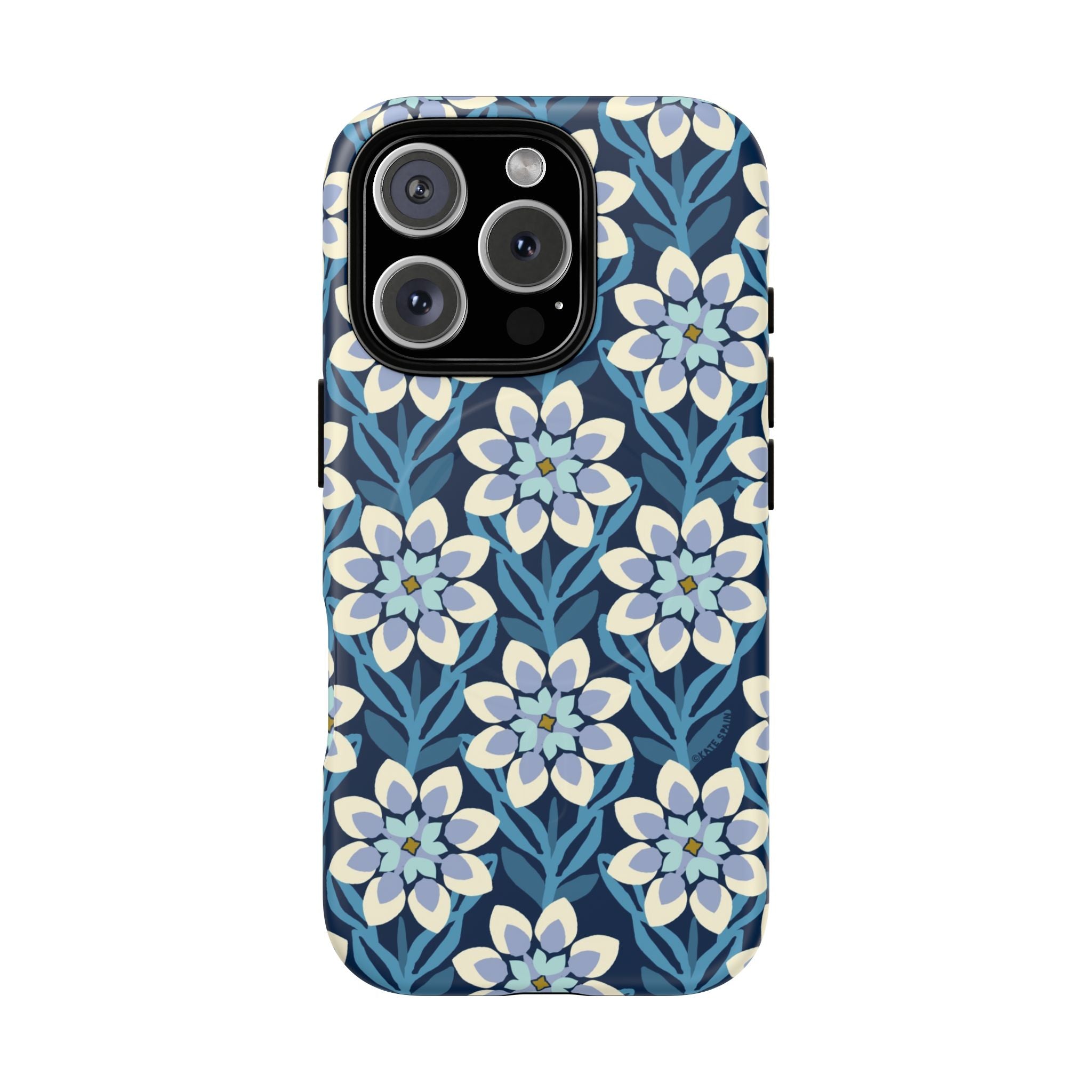 Luxury Modern Dahlia MagSafe iPhone 16 Pro Case – Matte | navy, slate blue, white geometric dahlia tile floral print