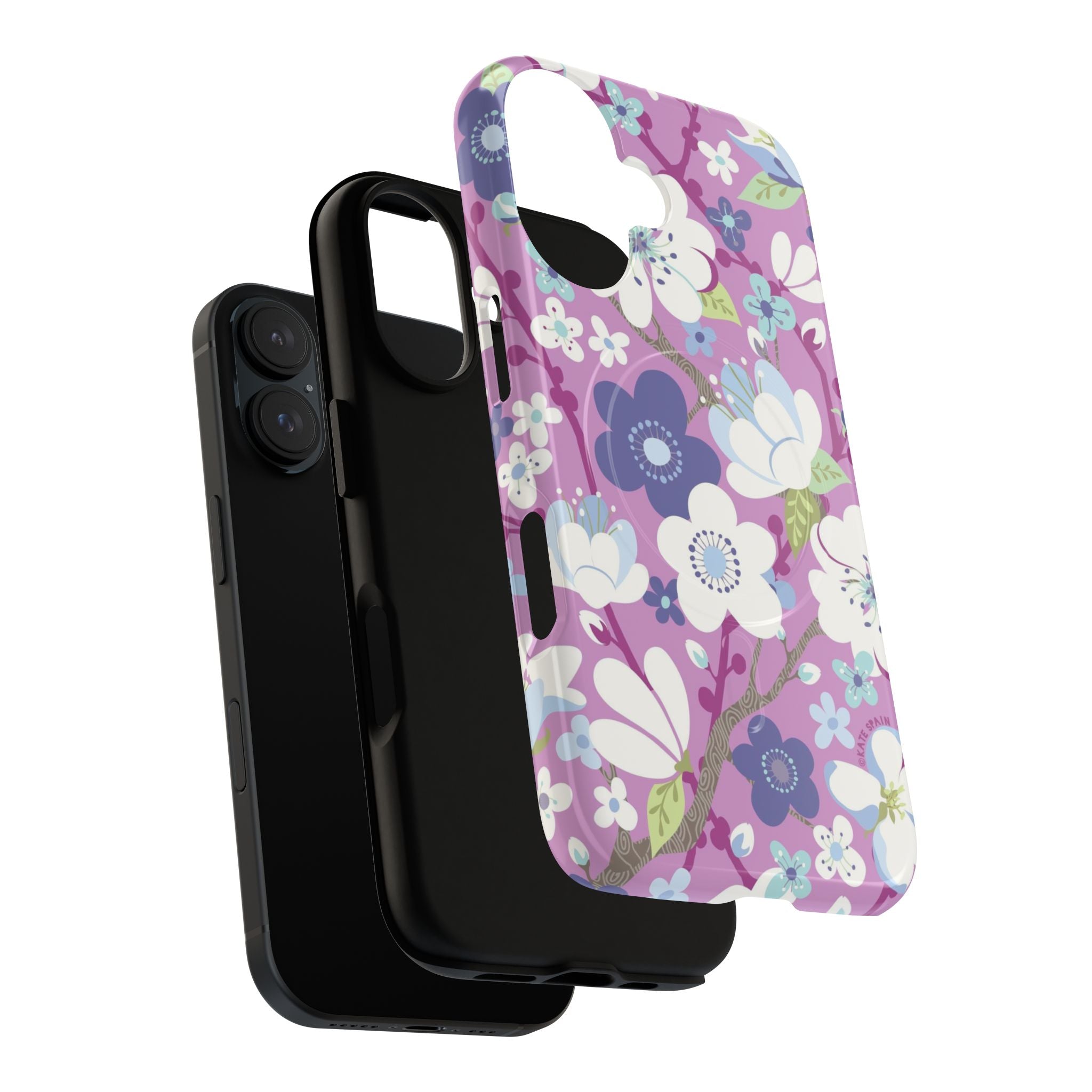 Purple Cherry Blossom MagSafe iPhone 17 Case – Dual-layered view of case and inner lining in front of phone, with view of camera cutout and buttons | mauve, purple, blue, white cherry blossom print