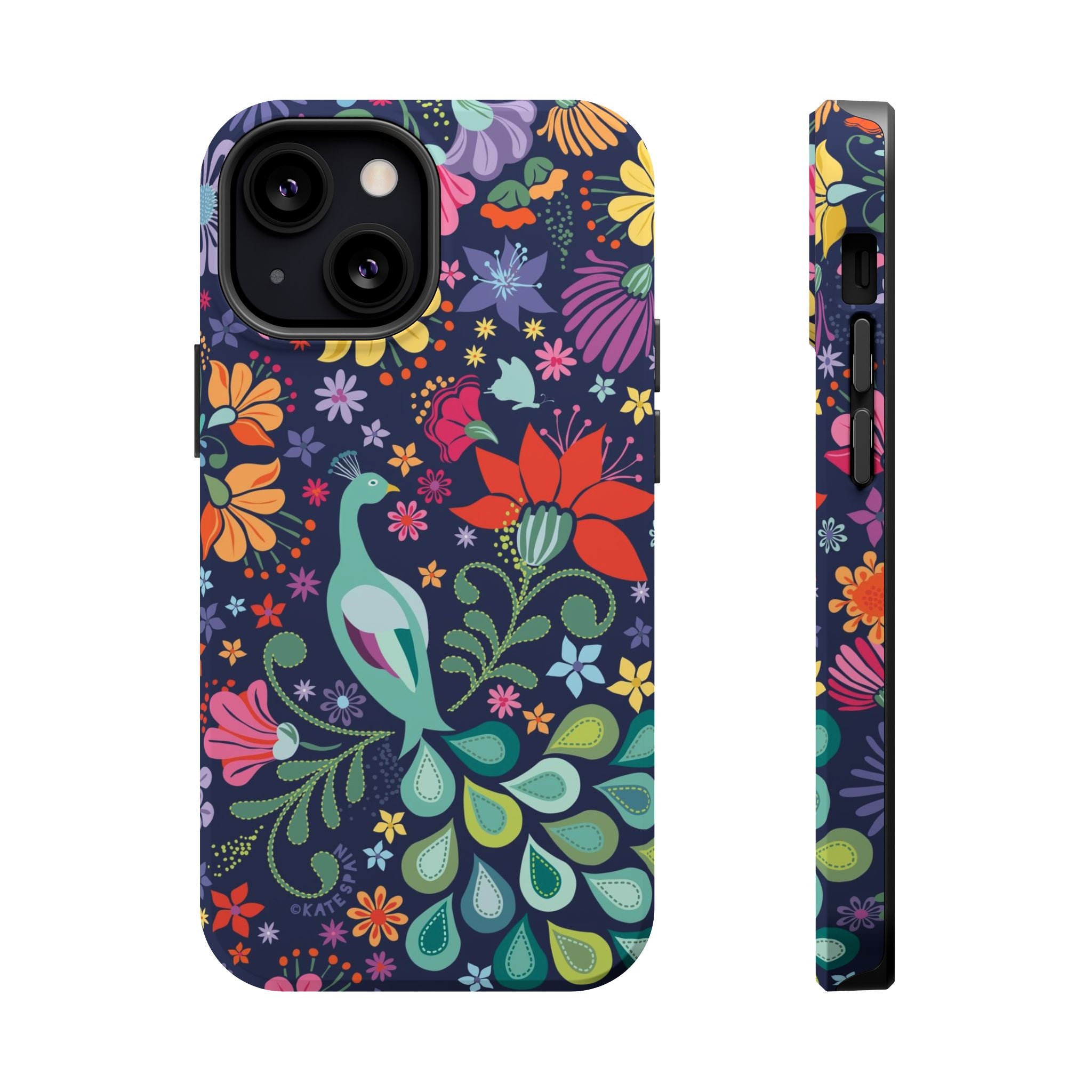 Peacock Sanctuary MagSafe iPhone 13 Mini Case – Matte | navy, teal, ivory peacock botanical print MagSafe compatible, dual-layer protection