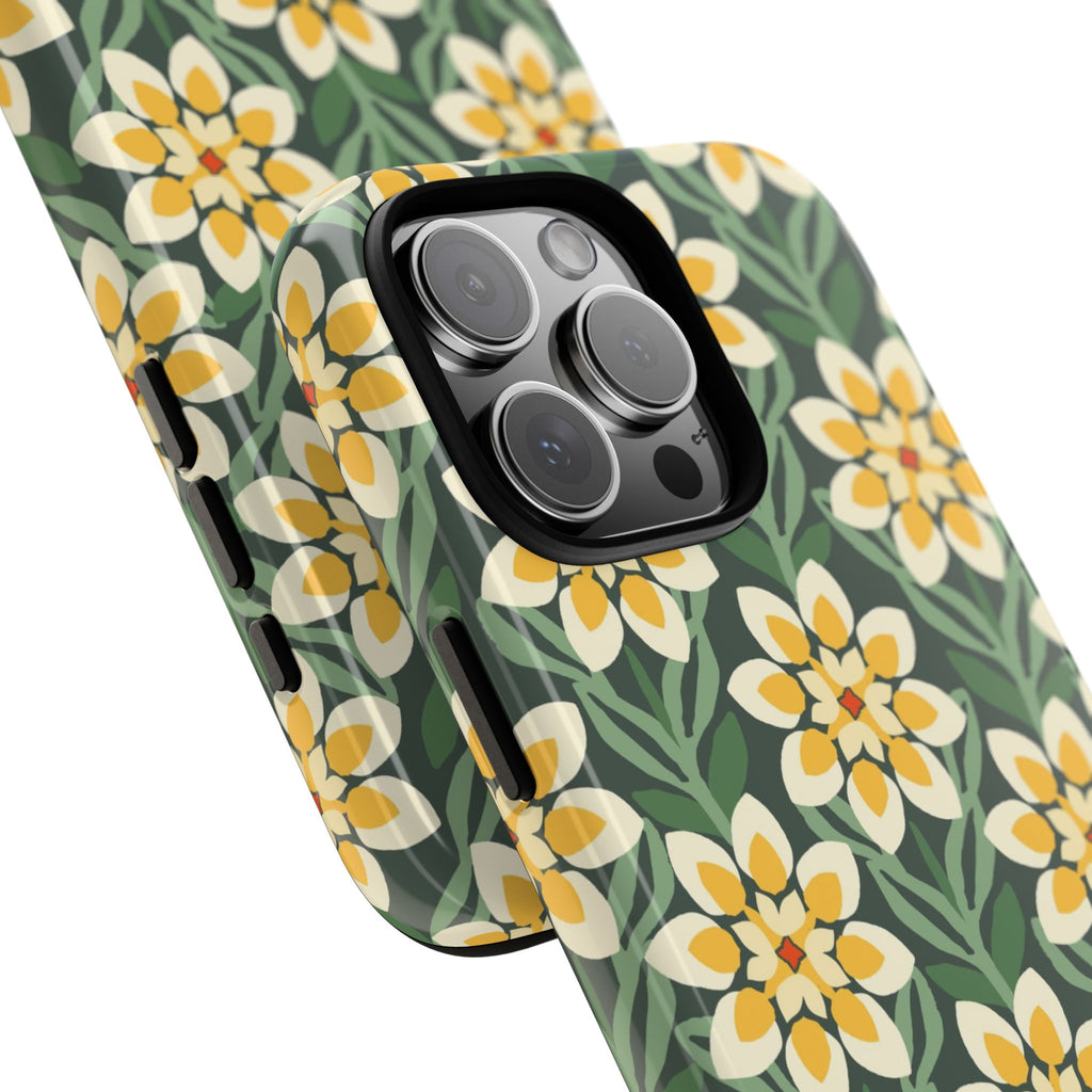 Designer Modern Dahlia Tough iPhone 16 Pro Max Case – detail view of 3 lenses in camera | yellow, cream, green dahlia floral print