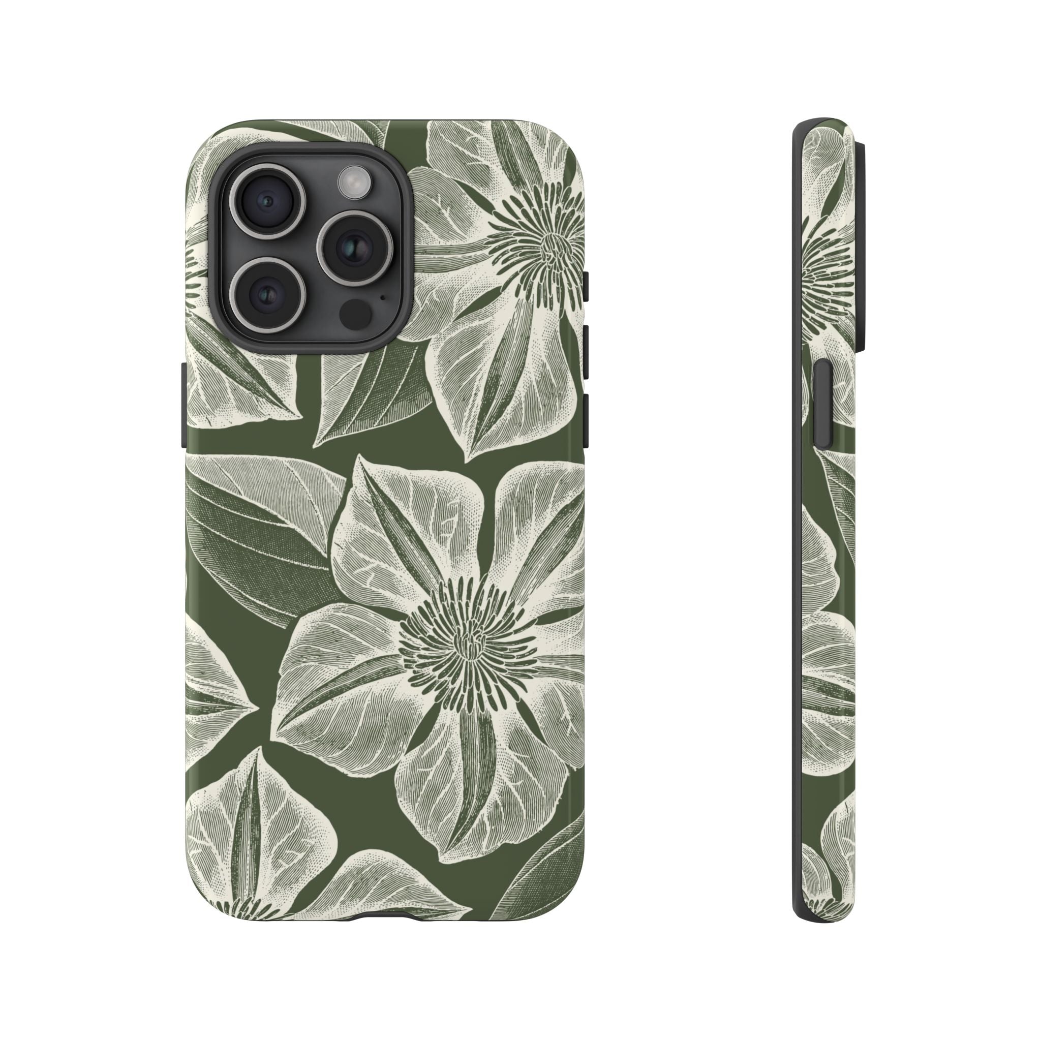 Vintage Bloom Cypress iPhone 15 Pro Max case – Glossy | cypress green ground, large-scale white clematis print, engraved petal detail, dual-layer protection