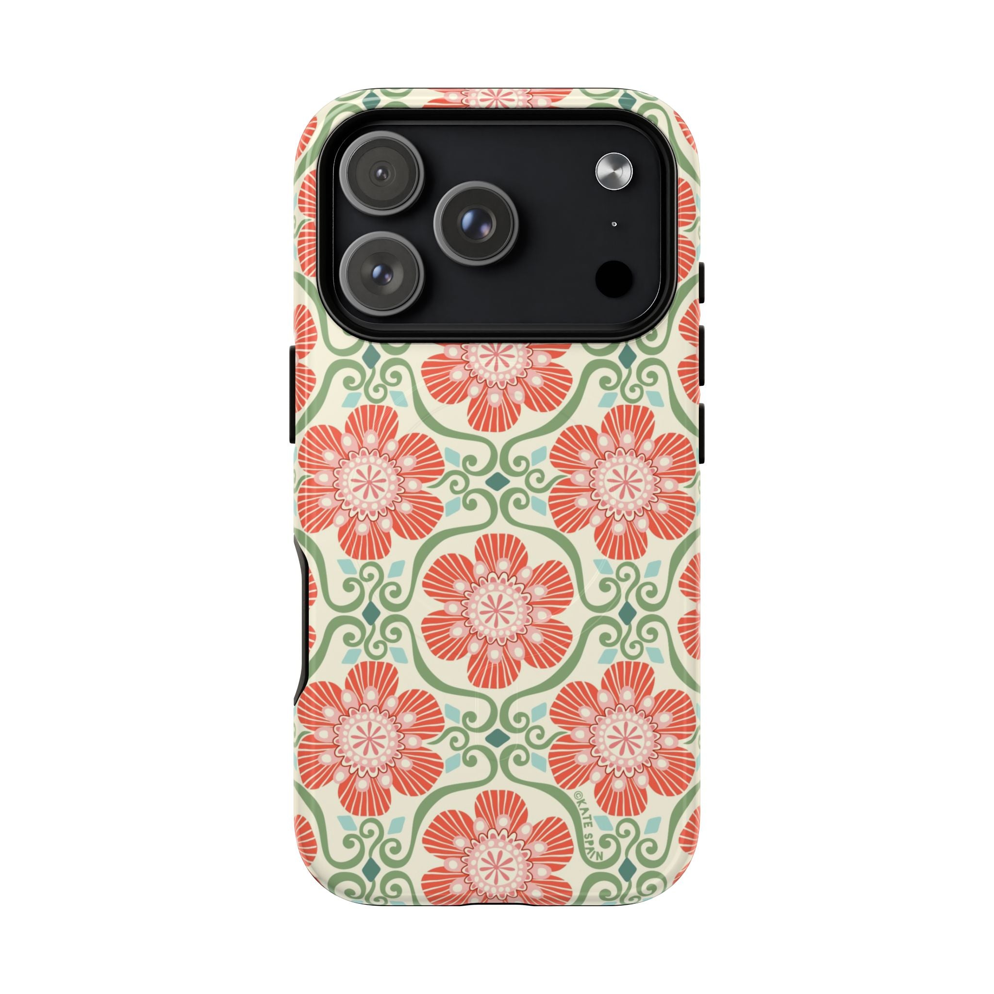 Barcelona Flowers MagSafe iPhone 17 Pro Case – Glossy | cream, coral, sage botanical floral print