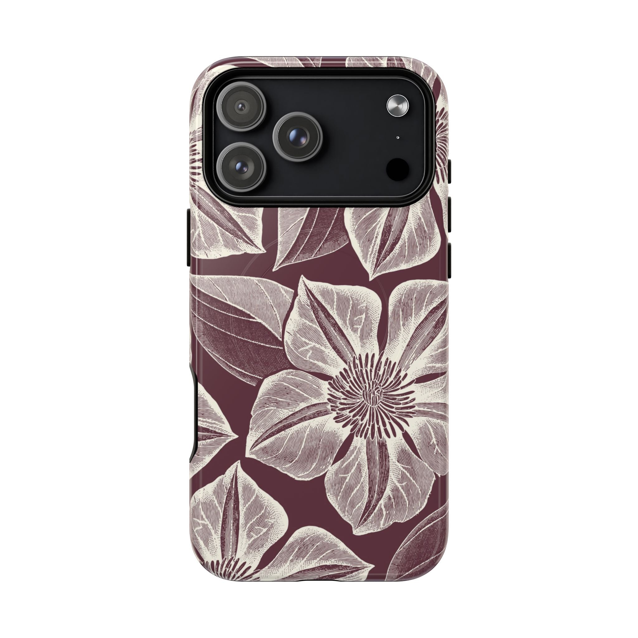 Vintage Bloom Burgundy MagSafe iPhone 17 Pro Max Case – Glossy | burgundy ground, large-scale cream clematis print, engraved petal detail, dual-layer protection
