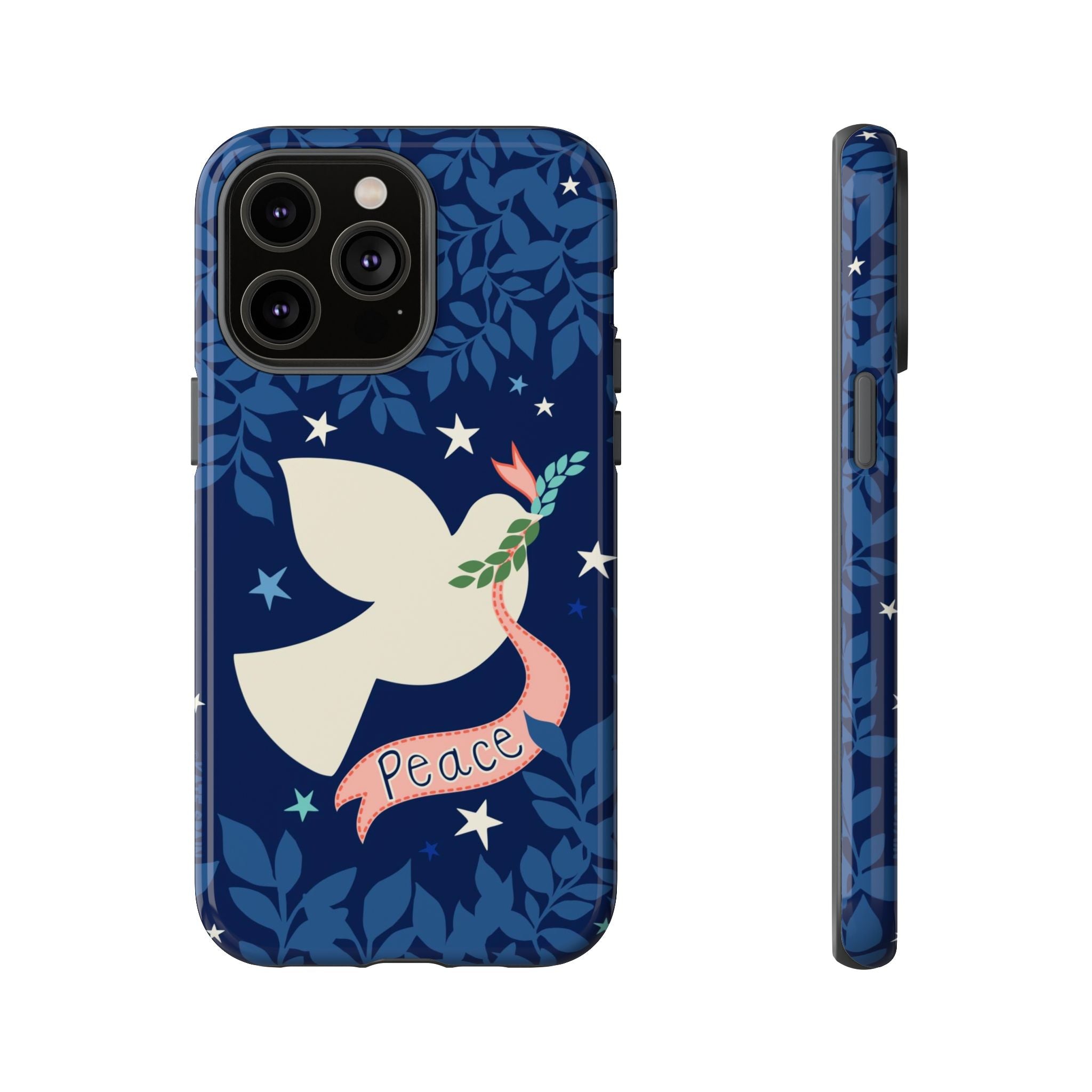 Peace Tough iPhone 14 Pro Max Case – Glossy | navy, cream peace dove, stars, botanical print