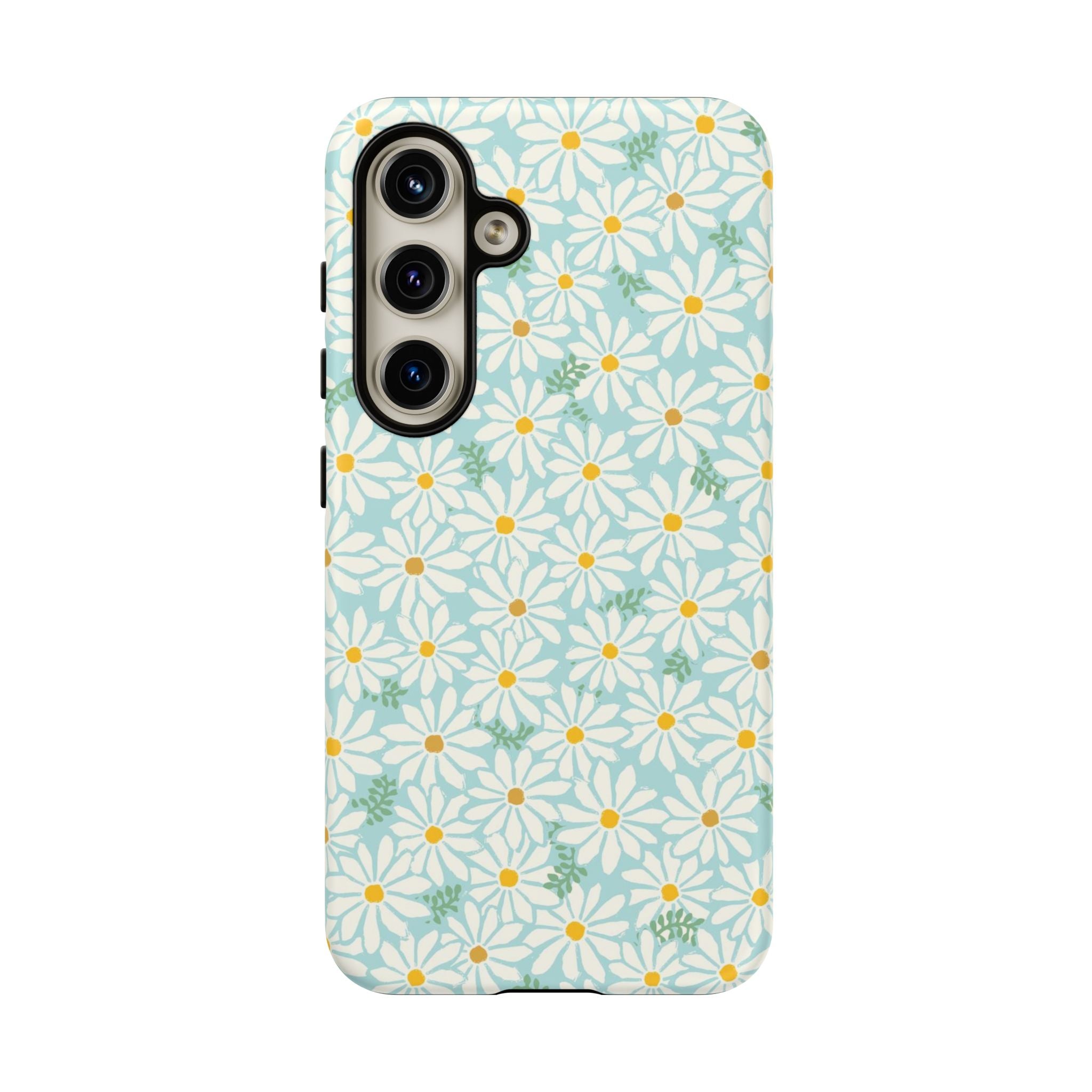 Daisies Samsung Galaxy S24 Case – Matte | sky blue, white daisy print, golden yellow centers, mint green leaves dual-layer protection