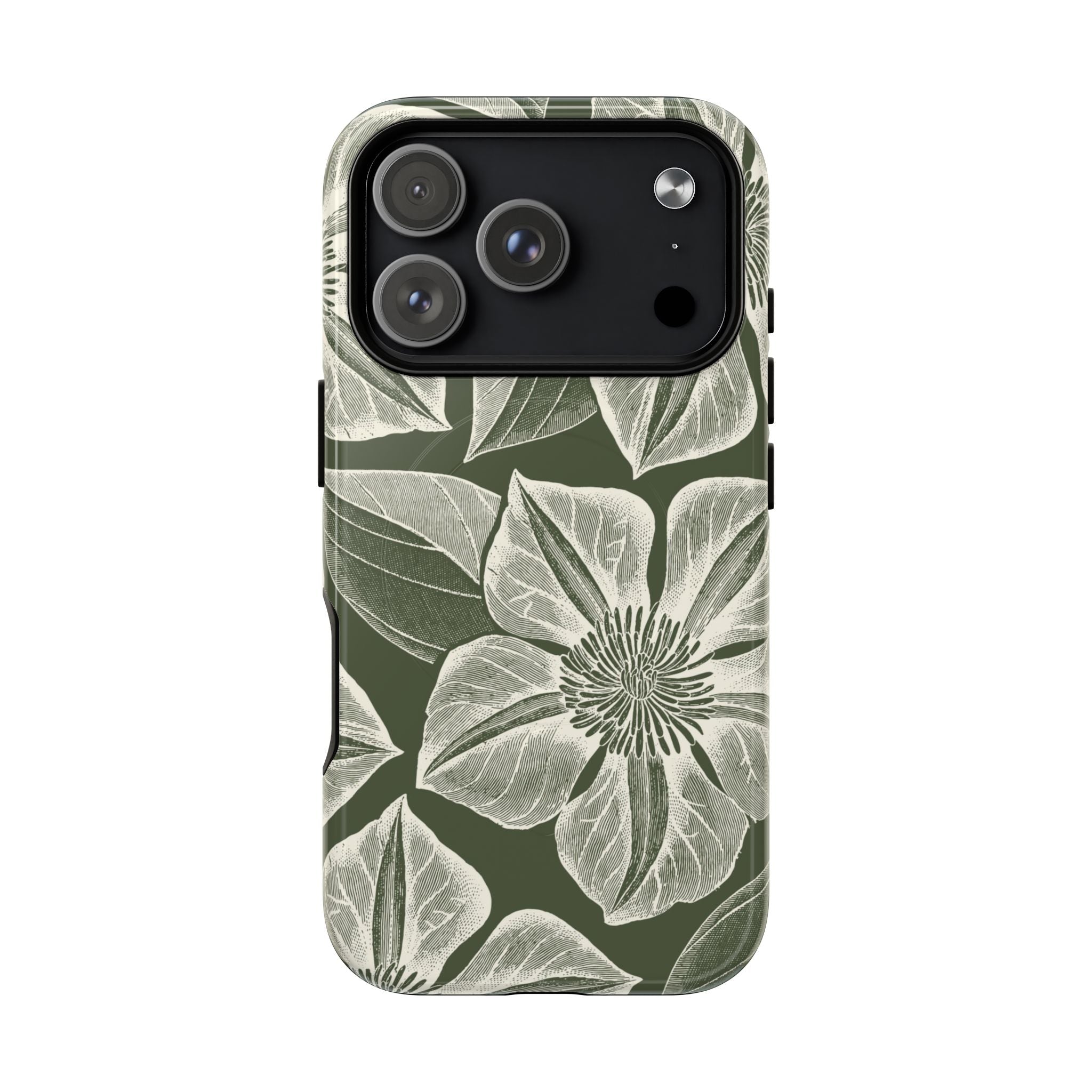 Vintage Bloom Cypress MagSafe iPhone 17 Pro – Glossy | cypress green ground, large-scale white clematis print, engraved petal detail, dual-layer protection