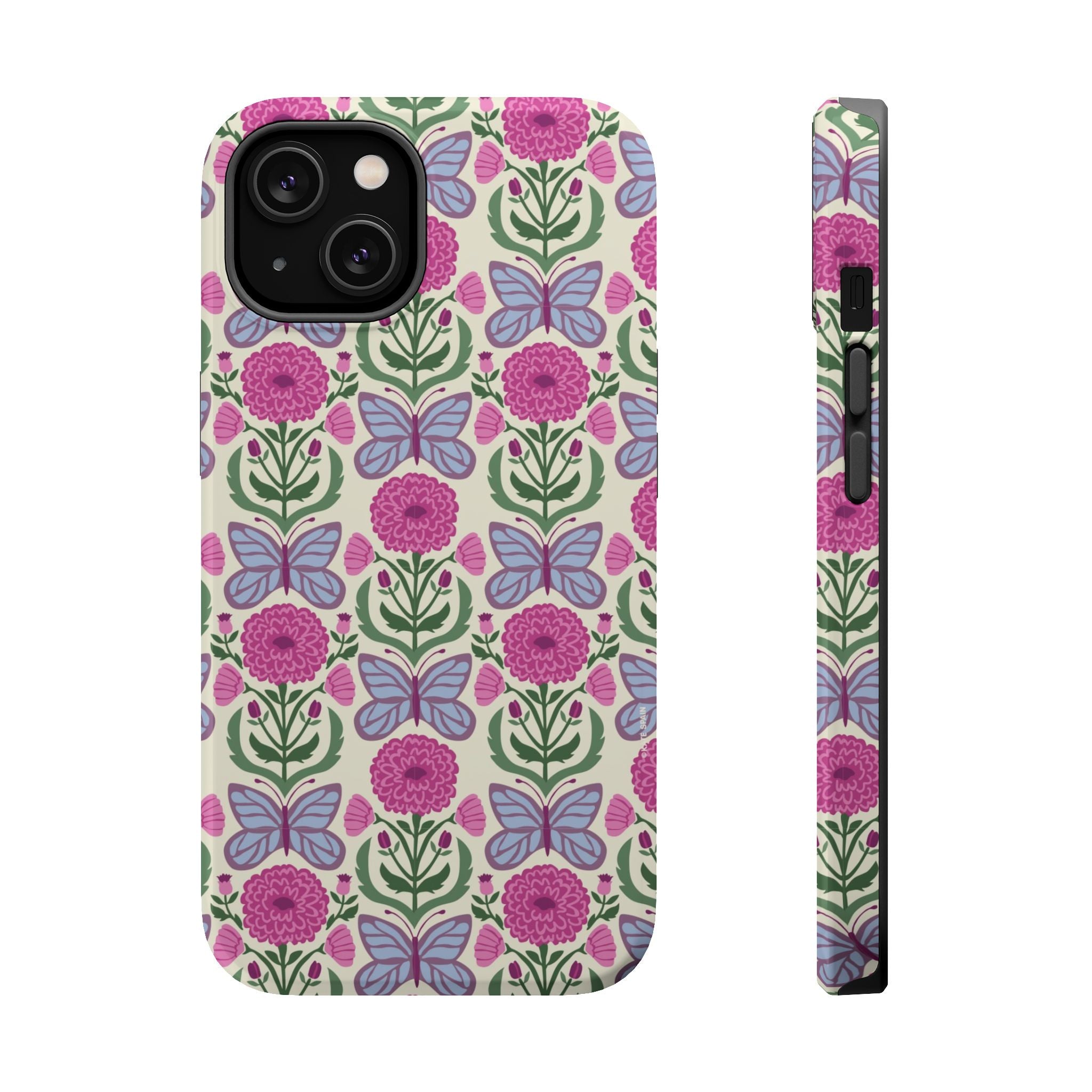 Butterfly MagSafe iPhone 14 Case – Glossy | cream, magenta, periwinkle butterfly floral print
