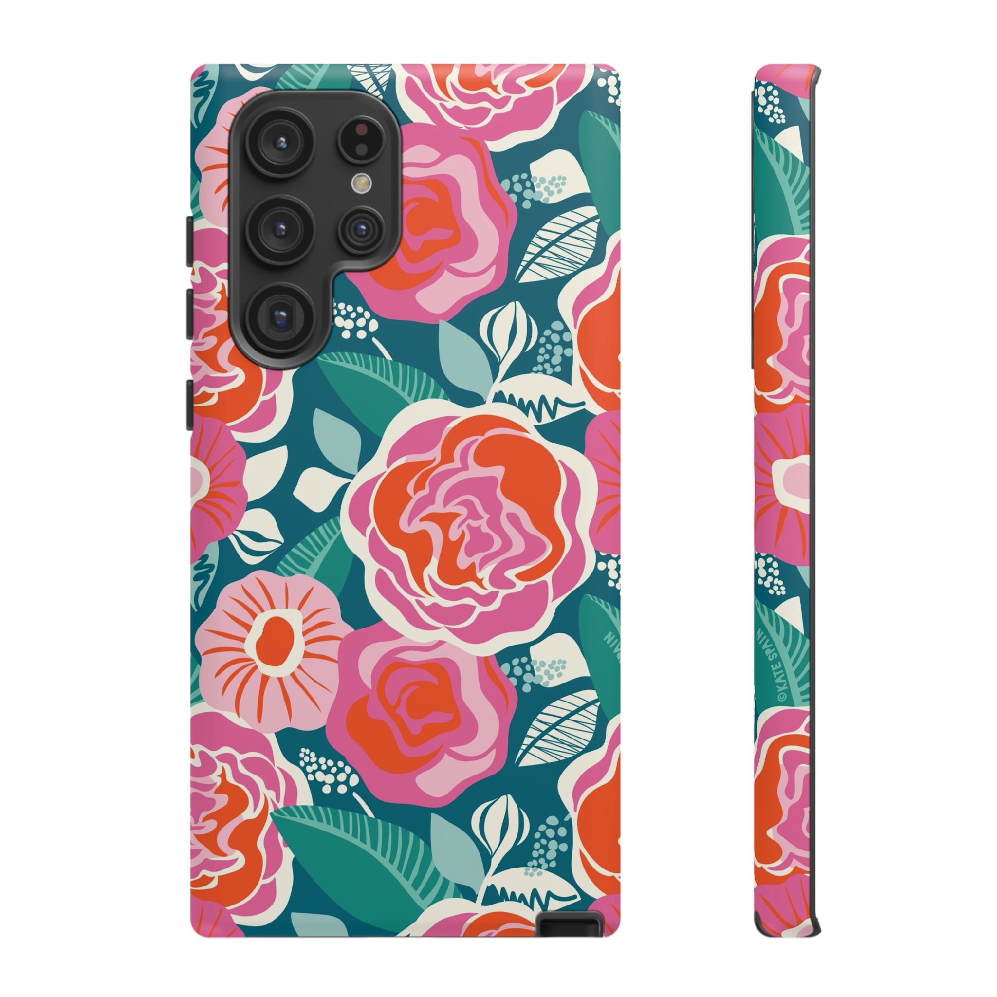 Luxury Tea Rose Teal Samsung Galaxy S22 Ultra Case – Matte | teal, coral, pink botanical rose floral print