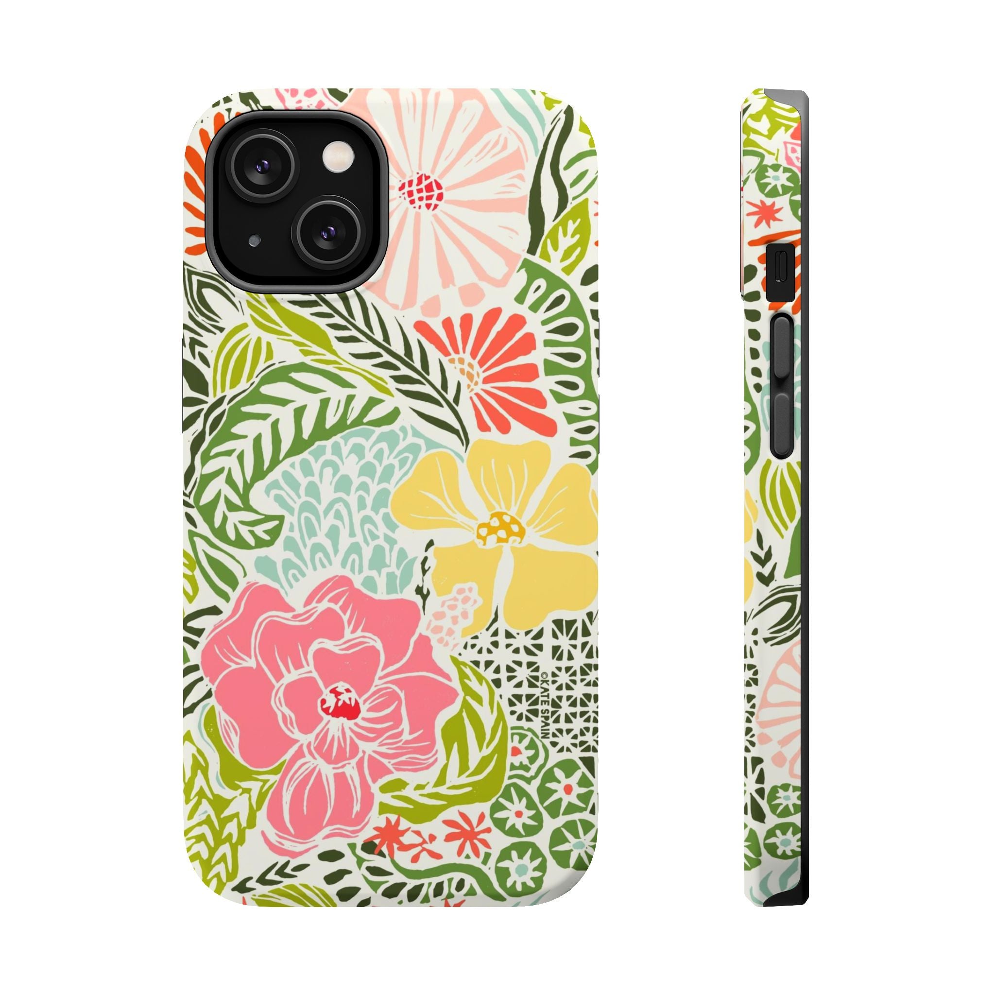 Tropica MagSafe iPhone 14 Case – Matte | cream, pink, yellow, blue botanical floral print MagSafe compatible, dual-layer protection