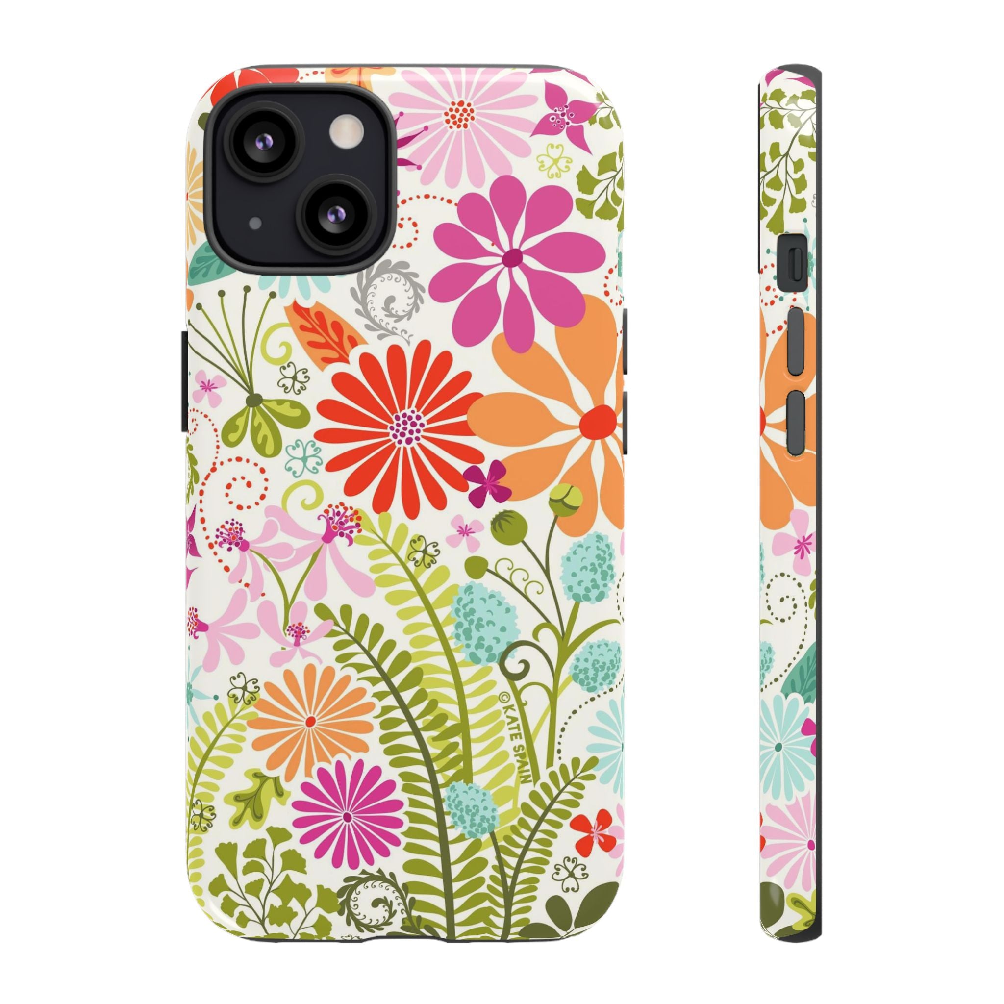 Luxury Terrain Tough iPhone 13 Case – Glossy | white, magenta, coral botanical woodland floral print