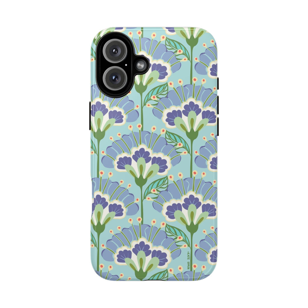 Lantern Flower Tough iPhone 16 Case – Glossy | aqua, periwinkle, green botanical lantern floral print