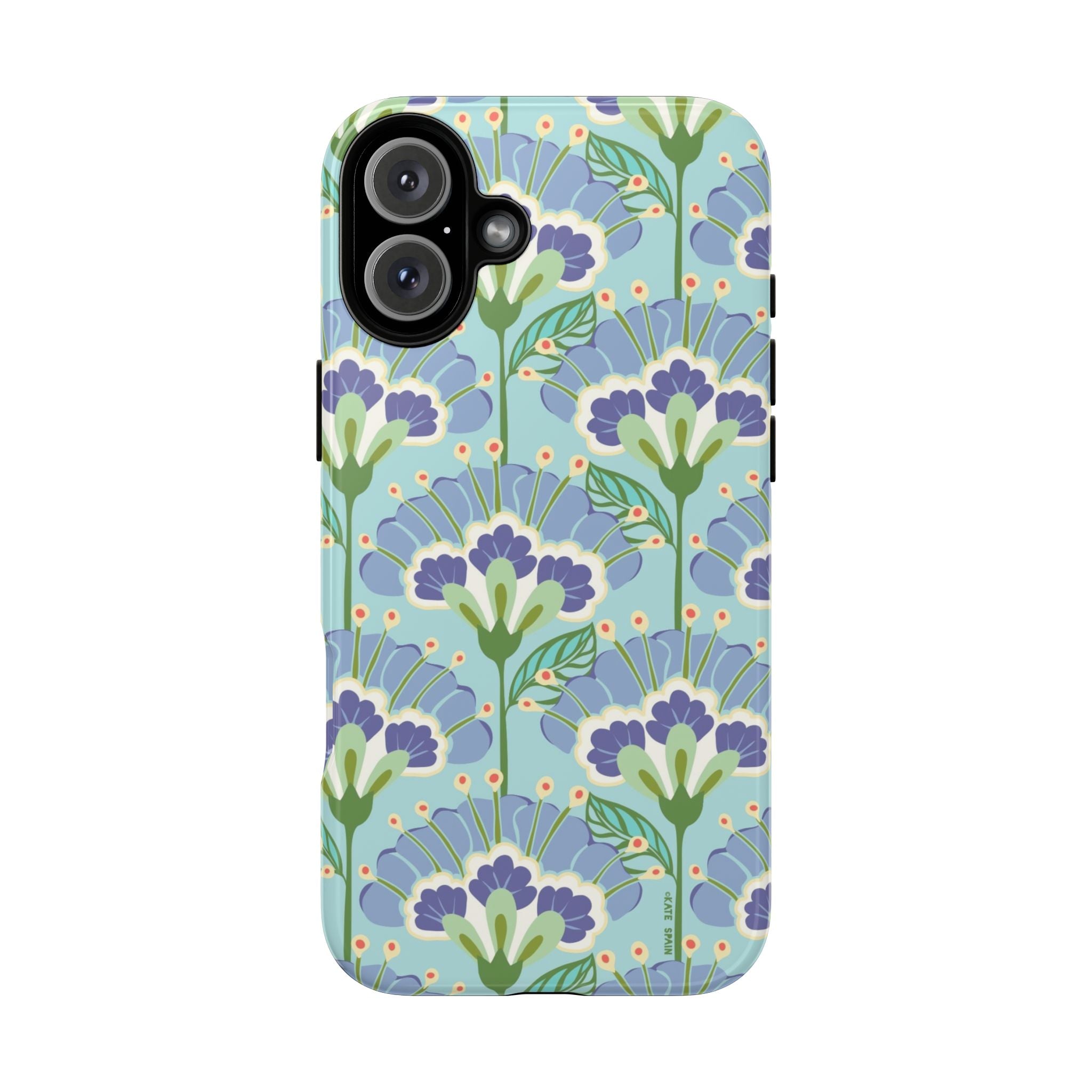 Lantern Flower Tough iPhone 16 Case – Glossy | aqua, periwinkle, green botanical lantern floral print