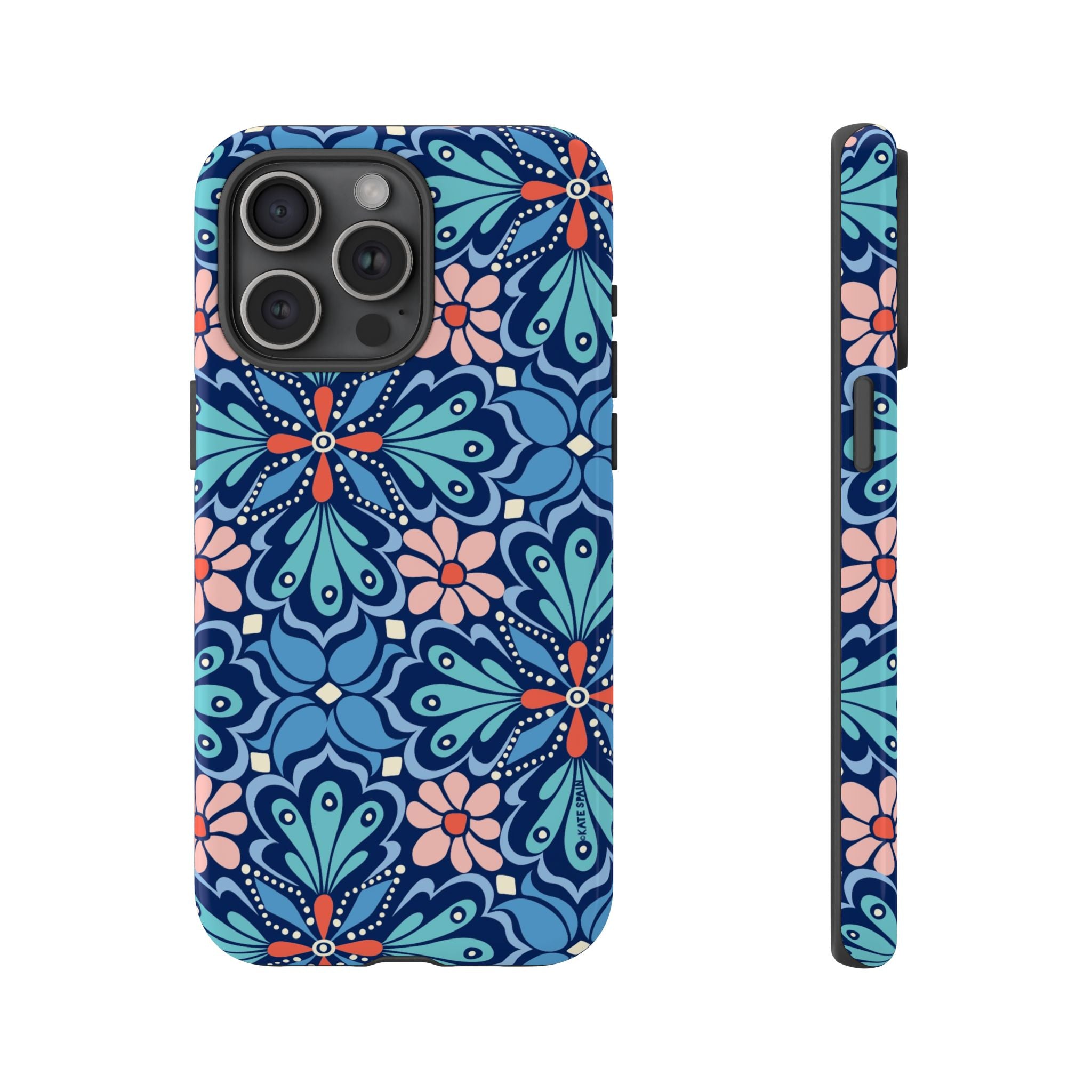 Bolero Tough iPhone 15 Pro Max Case – Glossy | navy, cobalt, blush geometric medallion floral print