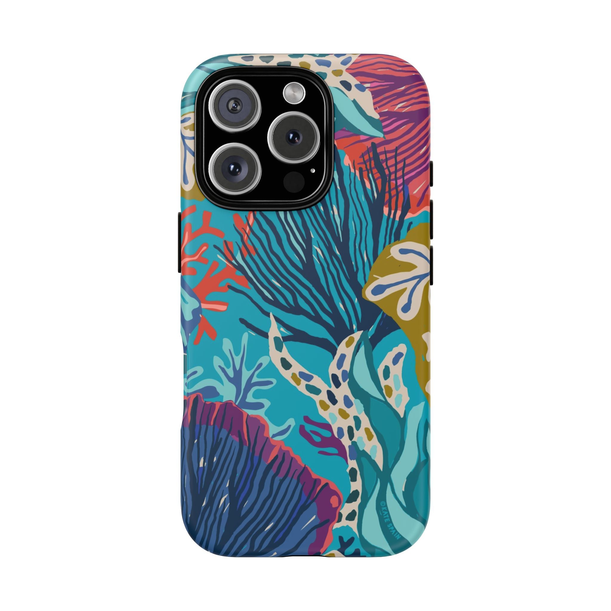 Reef Tough iPhone 16 Pro Case – Glossy | teal, coral, navy, purple botanical coral reef print