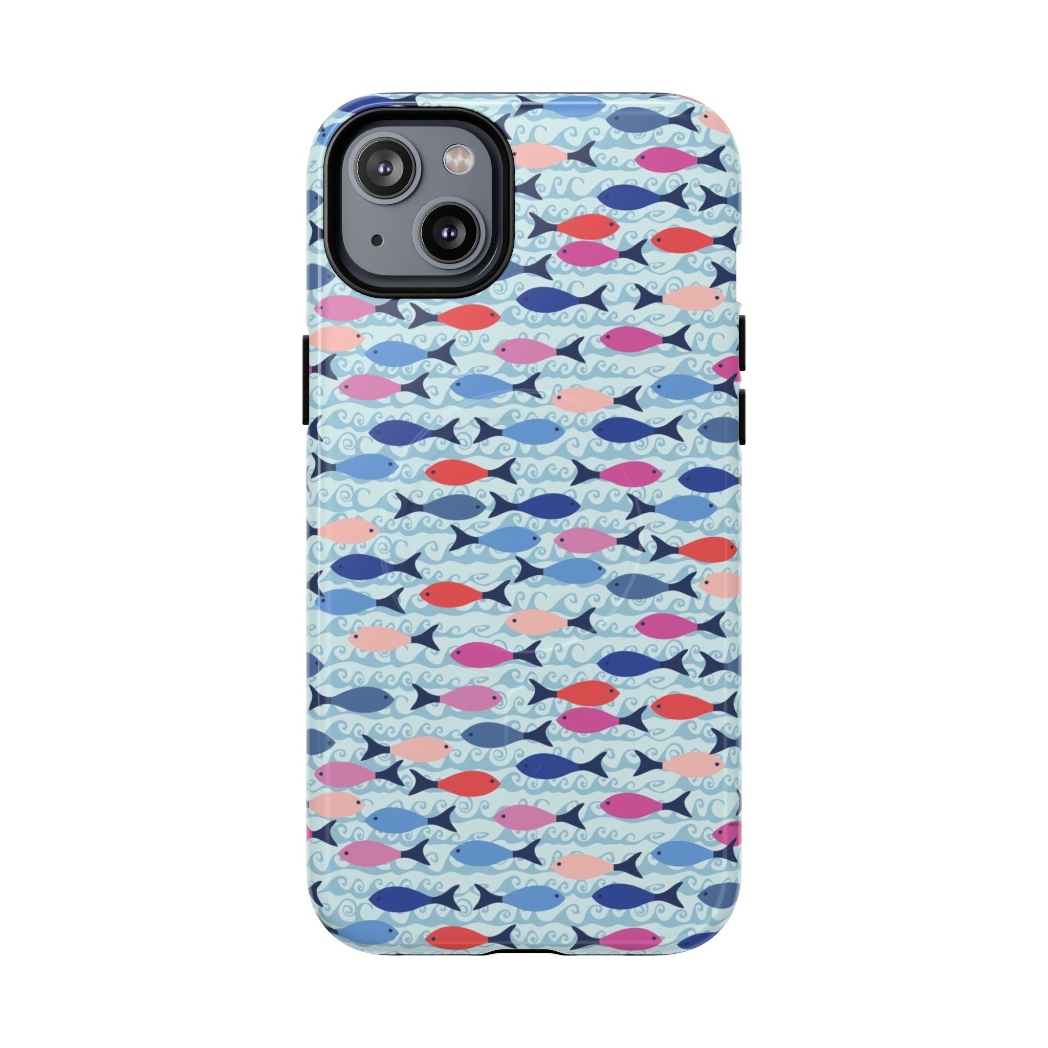 Summer Minnows MagSafe iPhone 14 Plus Case – Glossy | navy, coral, pink, and periwinkle fish on a pale aqua ground