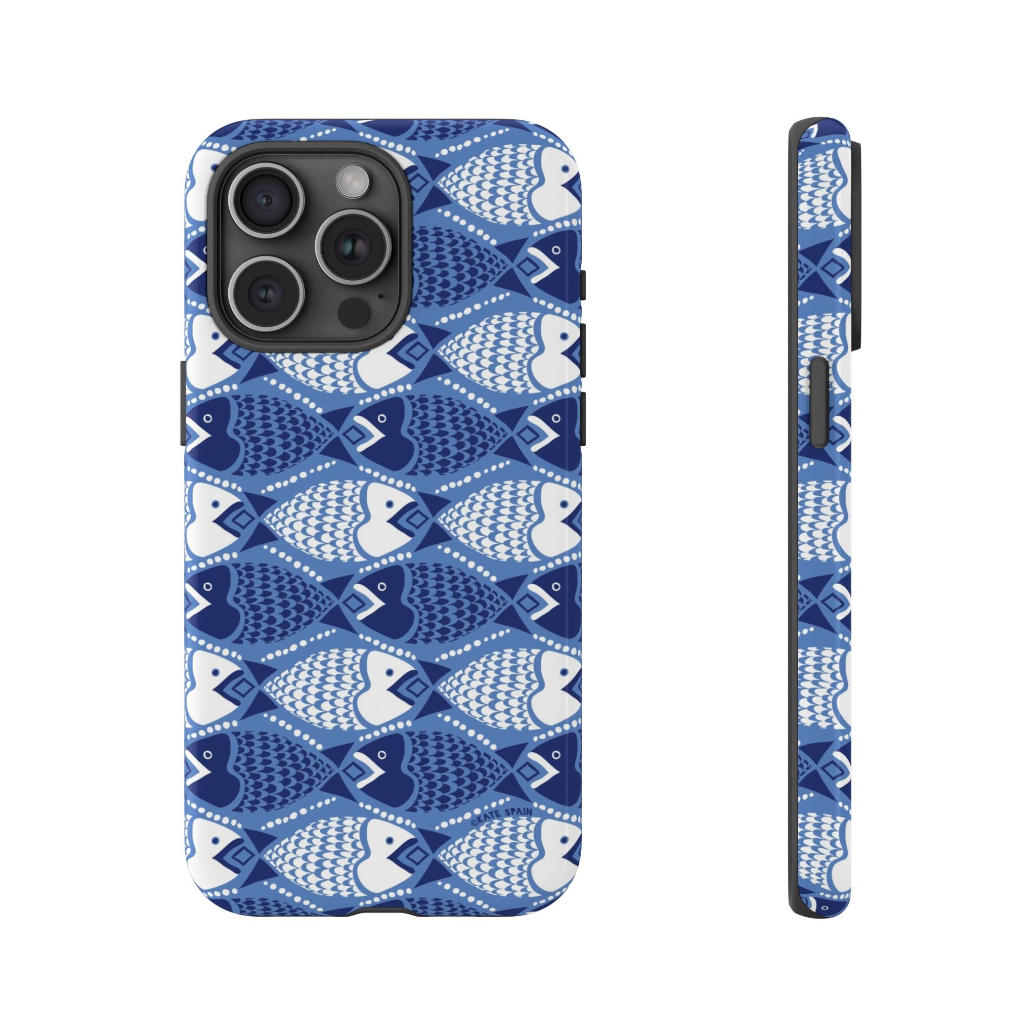 Catch of the Day Tough iPhone 15 Pro Max Case – Glossy | navy, blue, white geometric fish print