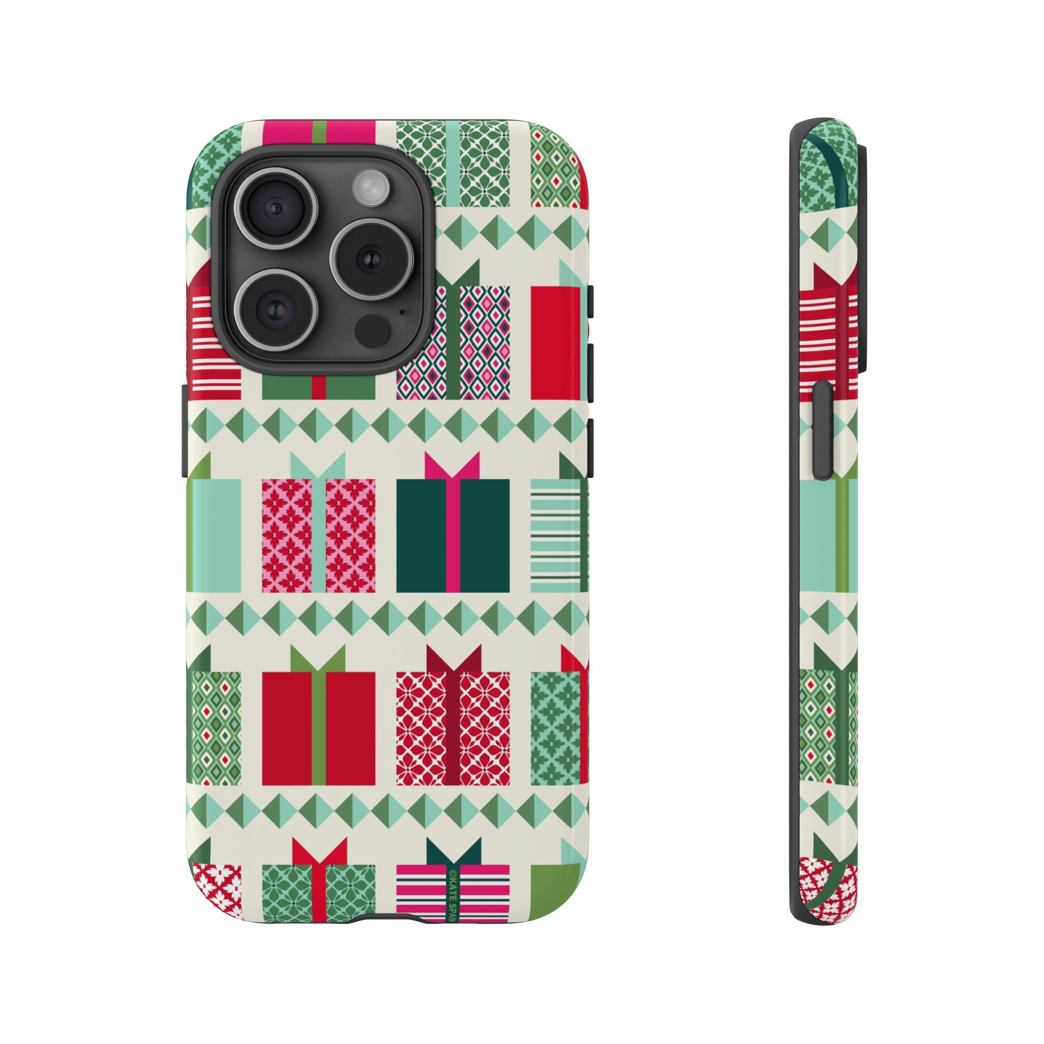 All Wrapped Up Tough iPhone 15 Pro Case – Glossy | cream, red, pink, green, mint geometric gift wrap holiday print
