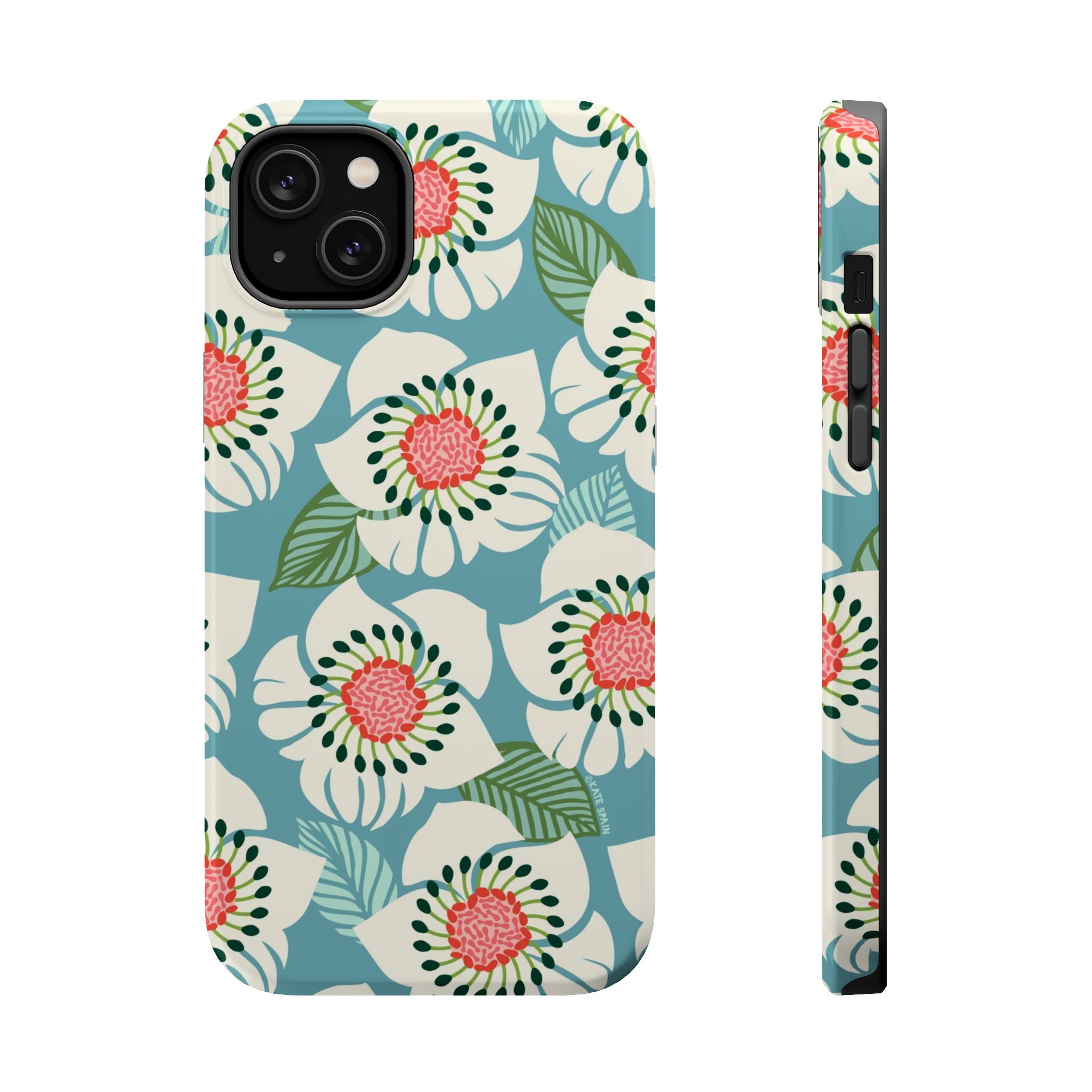 Panache Floral MagSafe iPhone 14 Plus Case – Glossy | sky blue, pale cream, pink anemone floral print